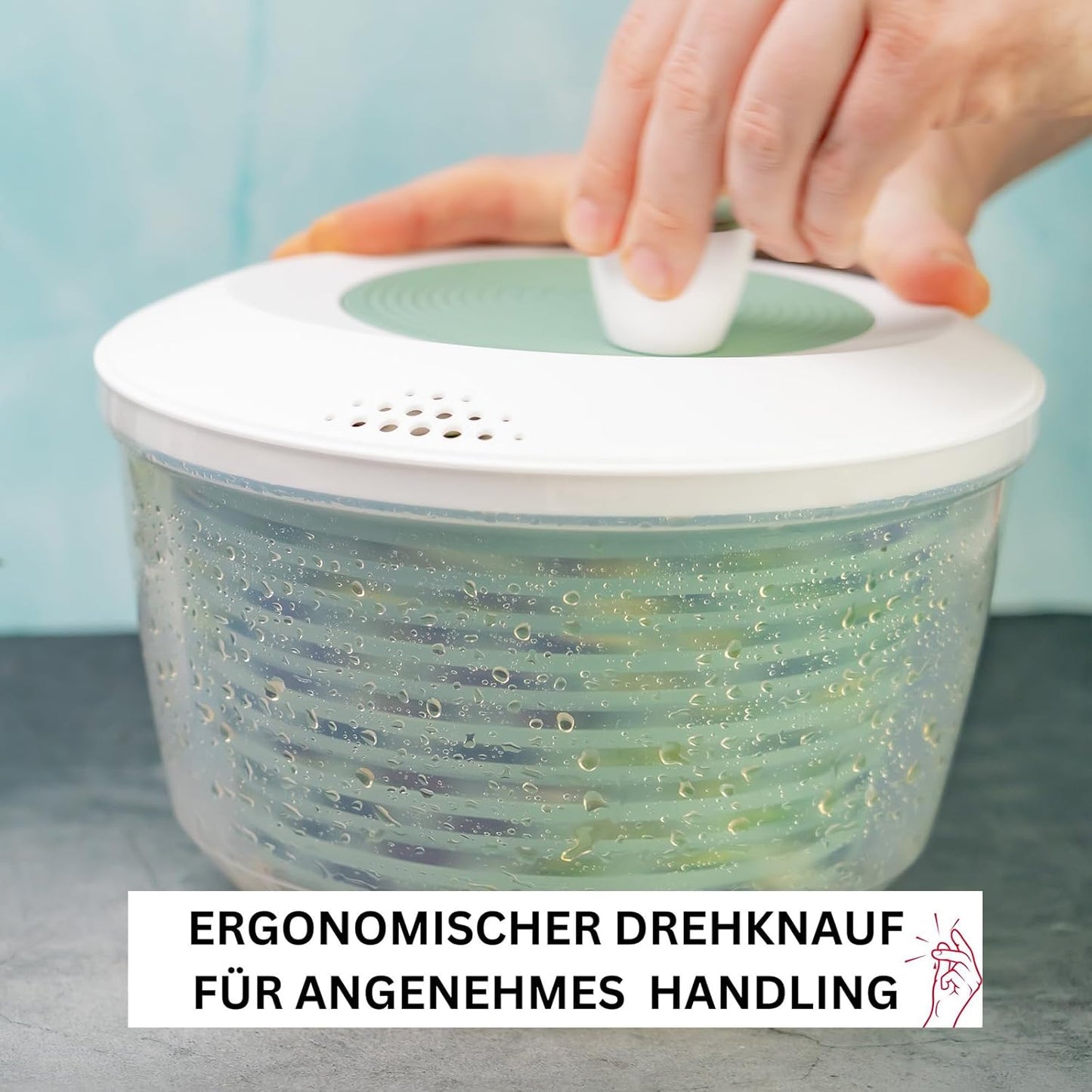 Salatschleuder mit Drehknauf und Shaker-Set, Mint-grün, Rutschfest, Set 2tlg.