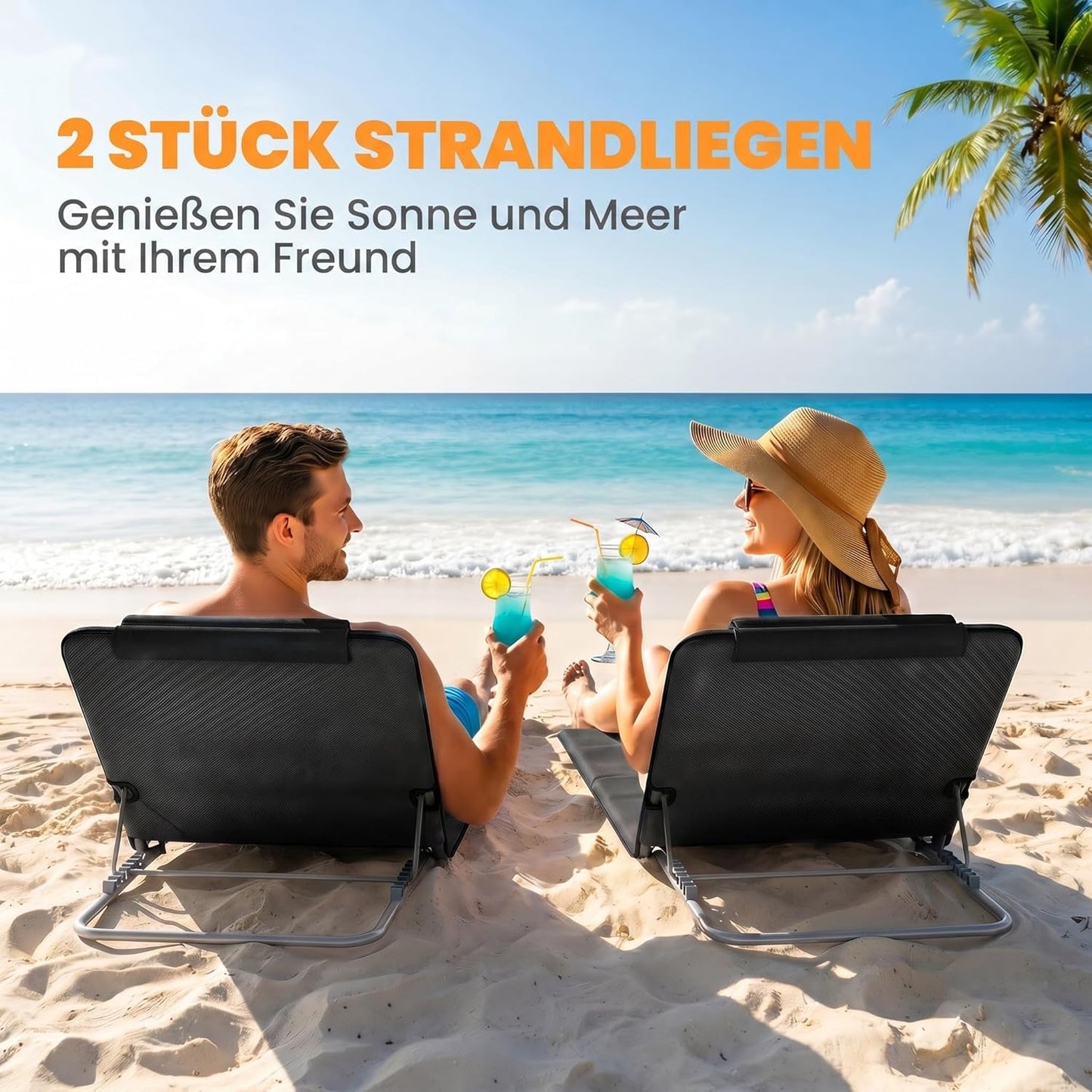 2 x Sonnenliegen mit verstellbarer Rückenlehne, Schwarz
