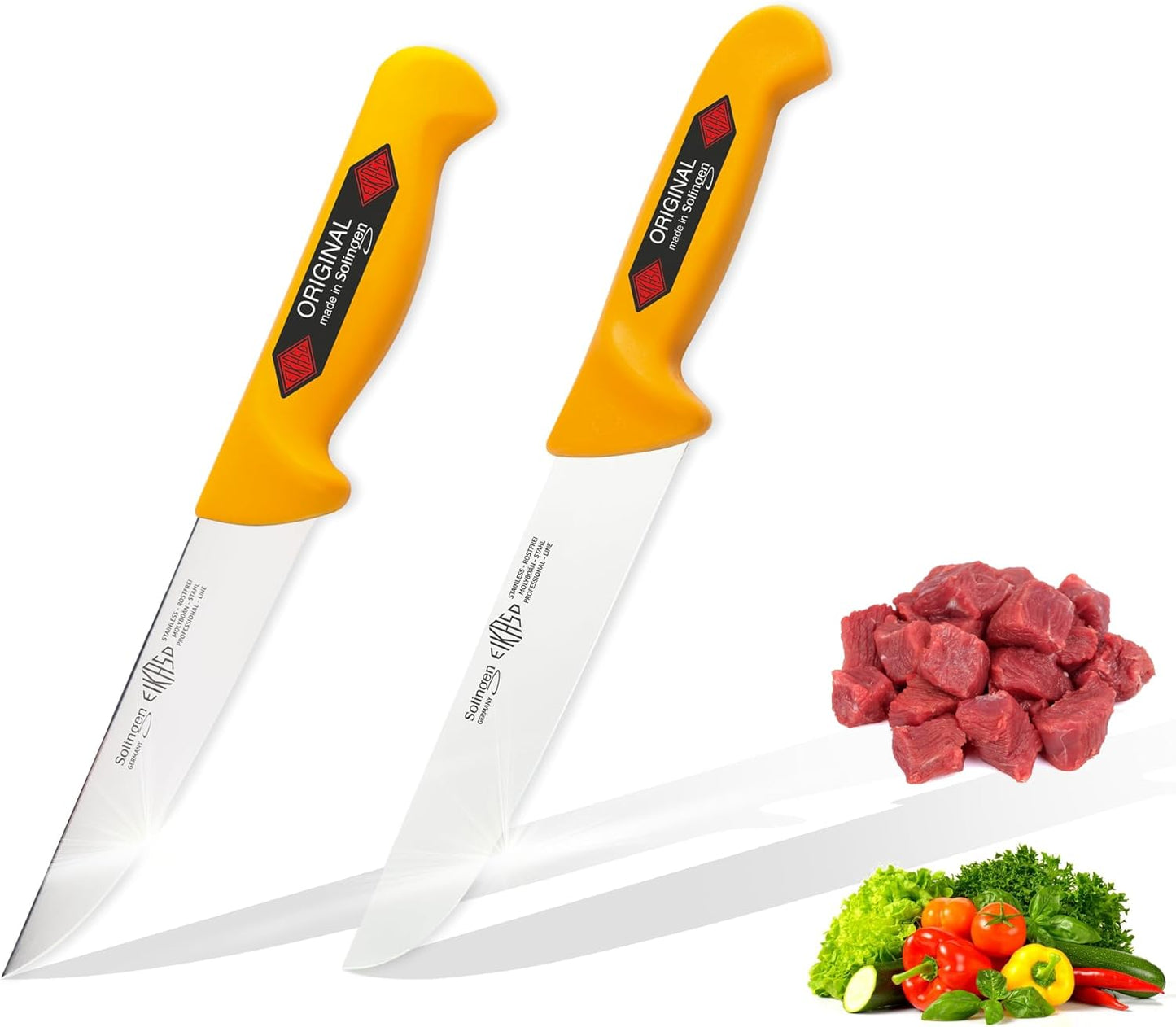 2 teiliges Geflügel/Ausbeinmesserset, 2Teilig Stech und Blockmesser Silber, Gelb