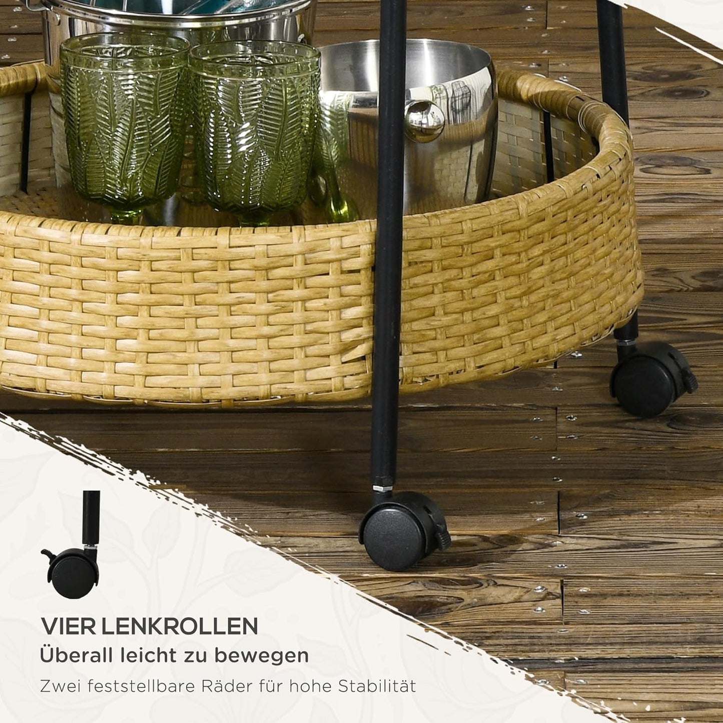 Rattan Servierwagen mit Regalen und Griffen