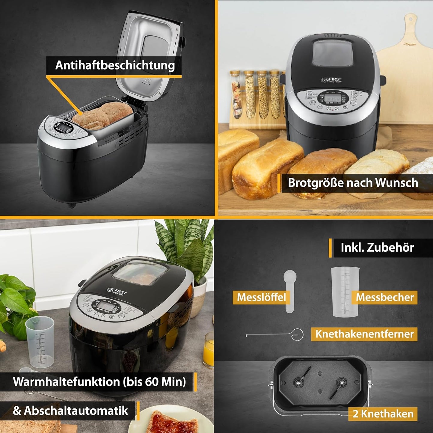 Brotbackautomat mit 12 Programmen und Timer, Schwarz/Silber