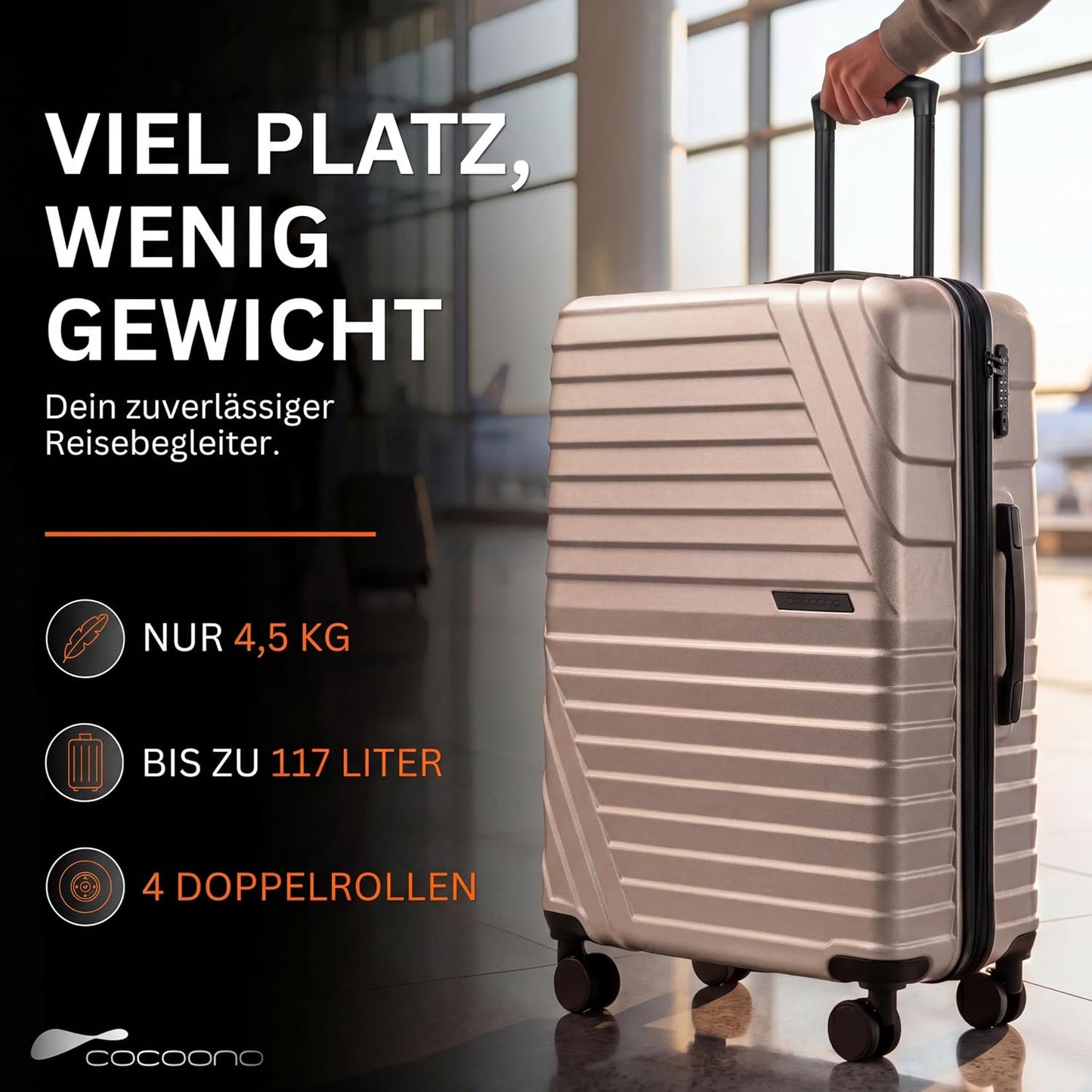 Hartschalenkoffer XL mit TSA Schloss und 4 Rollen, Champagner XL