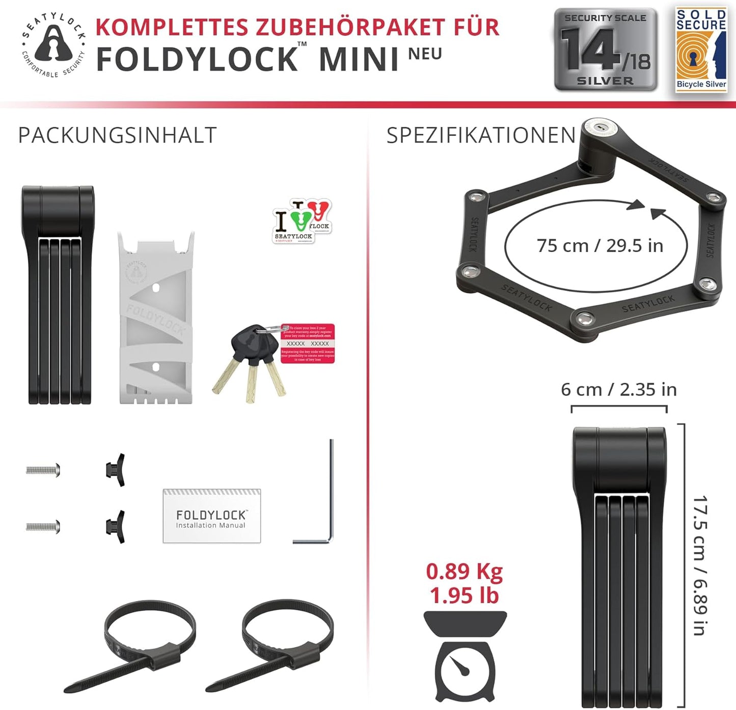 FoldyLock -  Mini Faltschloss mit Schlüssel, Light Gray, 75cm (29.5in) Circumference