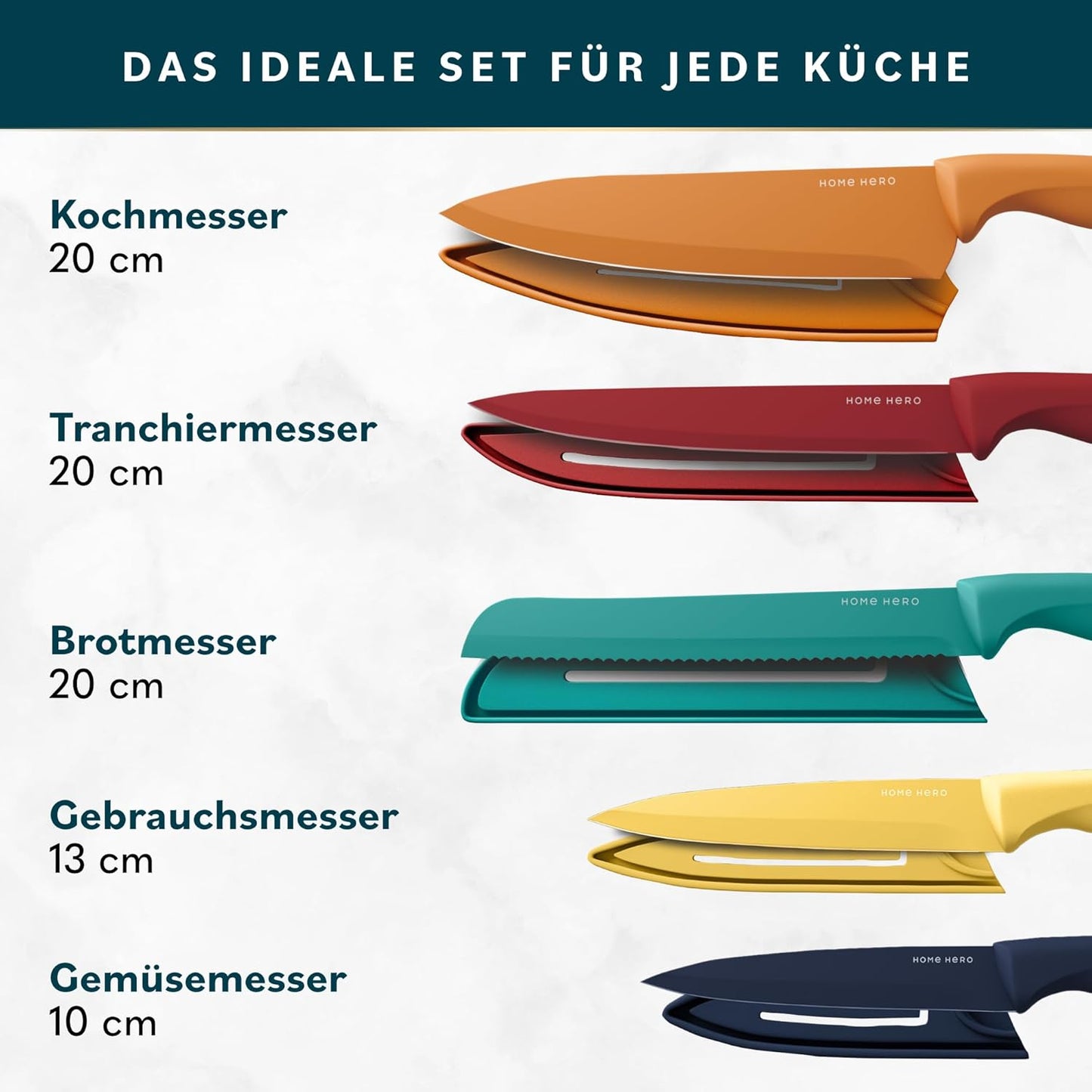 5-teiliges Messerset mit Schutzhüllen & Messerschärfer, 5 Stück mit Scheide - vielfarbig