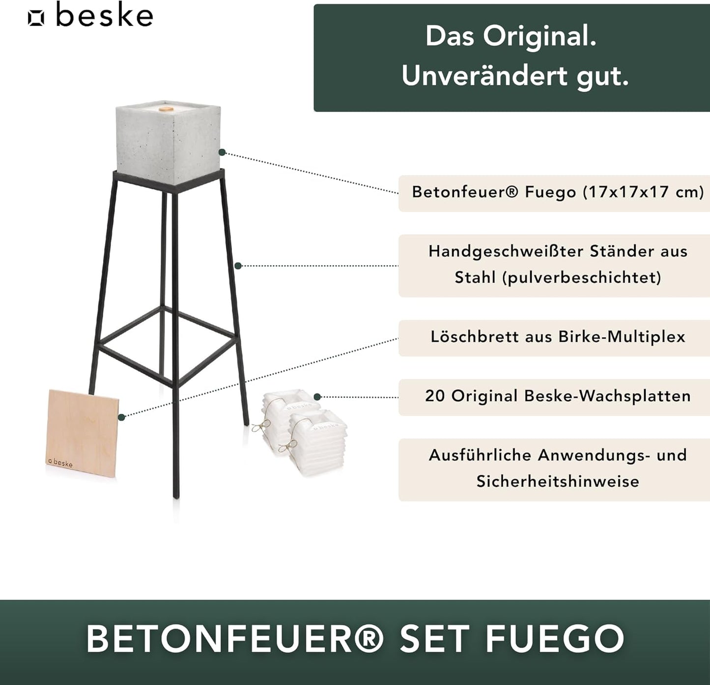 Betonfeuer-Set Fuego inkl. Ständer & Wachs, 'Fuego' (17x17x17) inkl. Ständer und Wachs