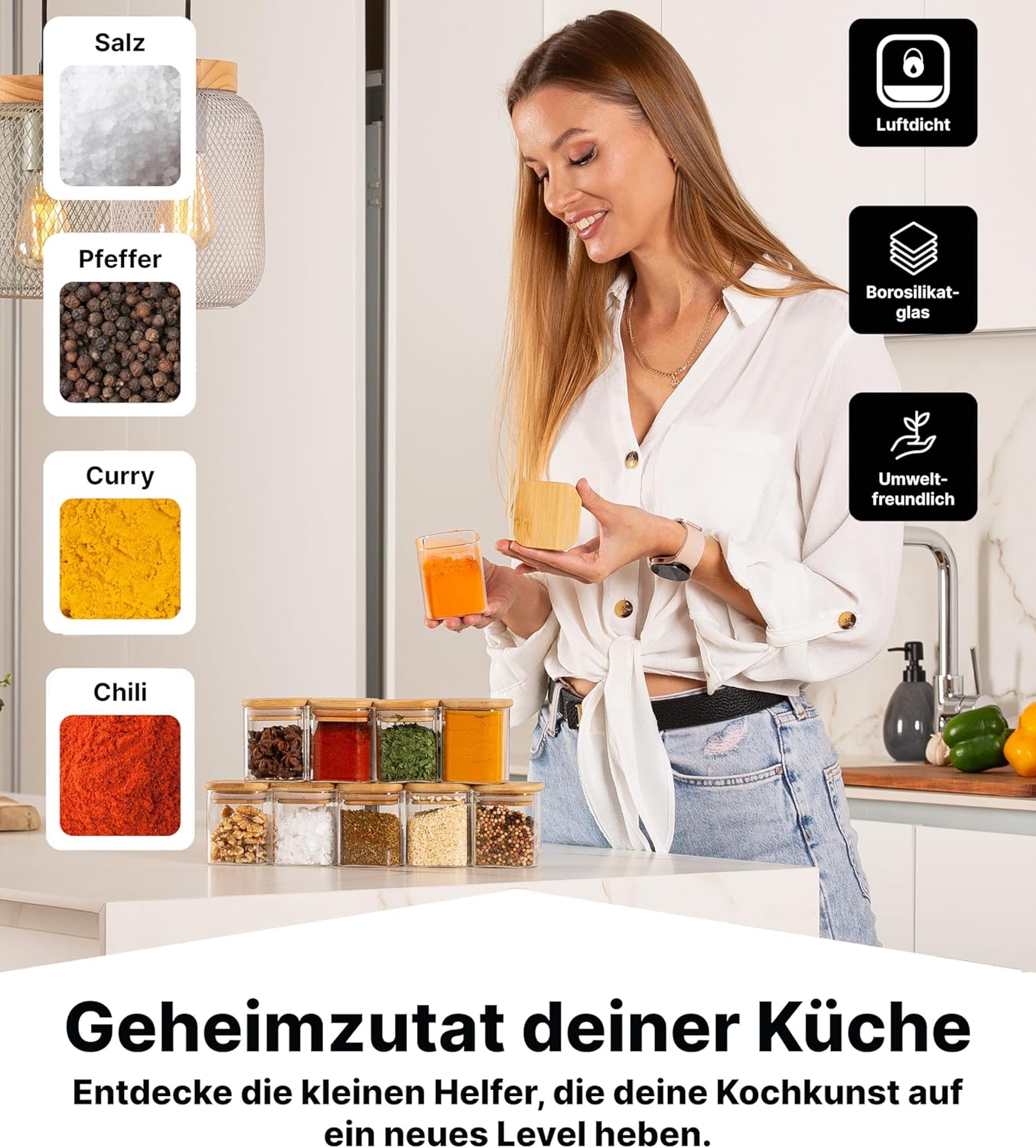 Gewürzgläser-Set mit Deckel, 20 Stk., Eckig