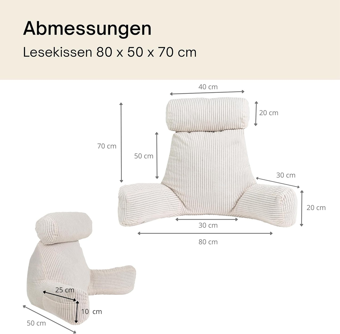 Lesekissen mit Armlehnen und abnehmbarer Hülle, Kissen abnehmbar Cremeweiß - Cord-samt - Abnehmbar