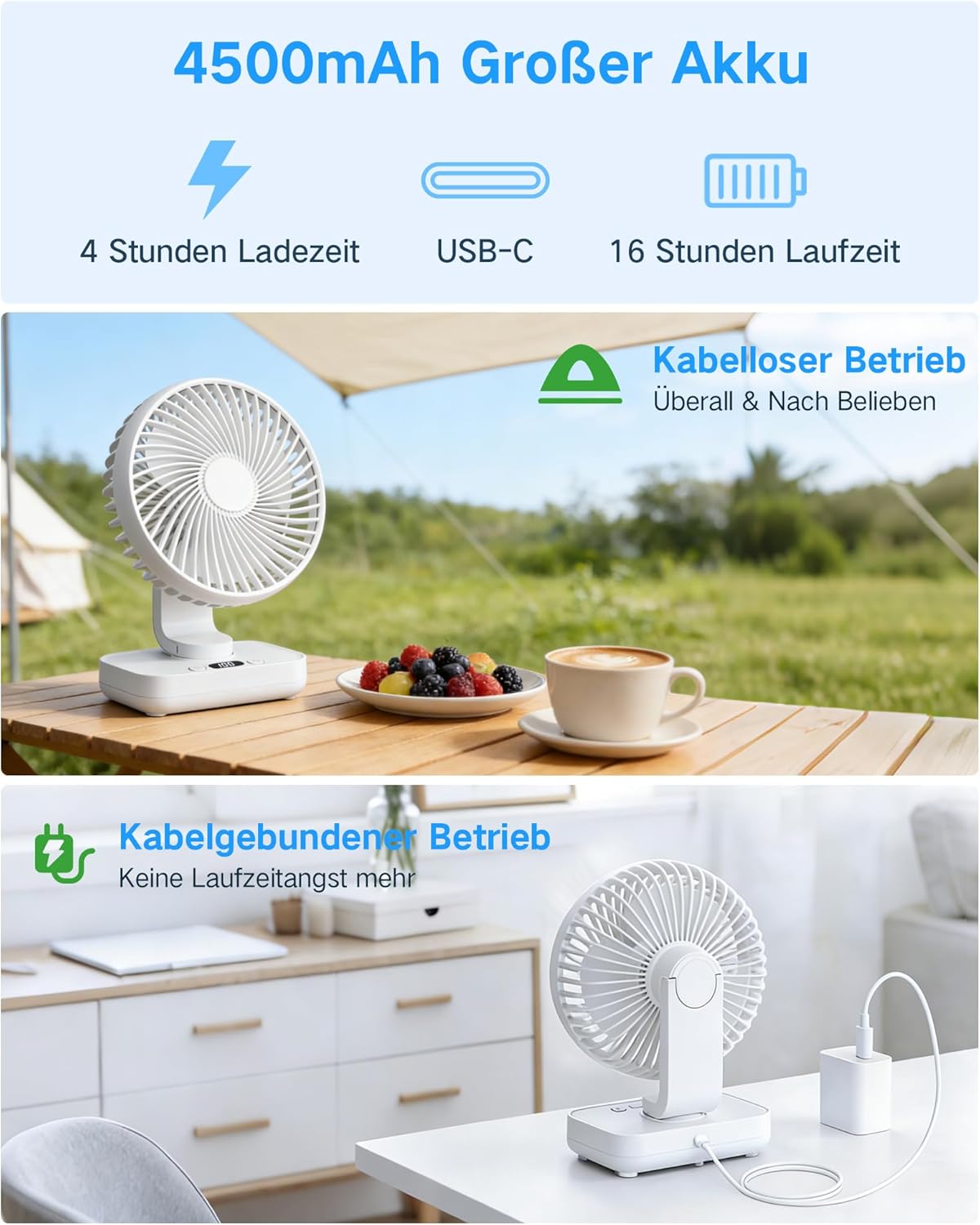 Oszillierender Tischventilator mit Akku und LED Display, Weiss