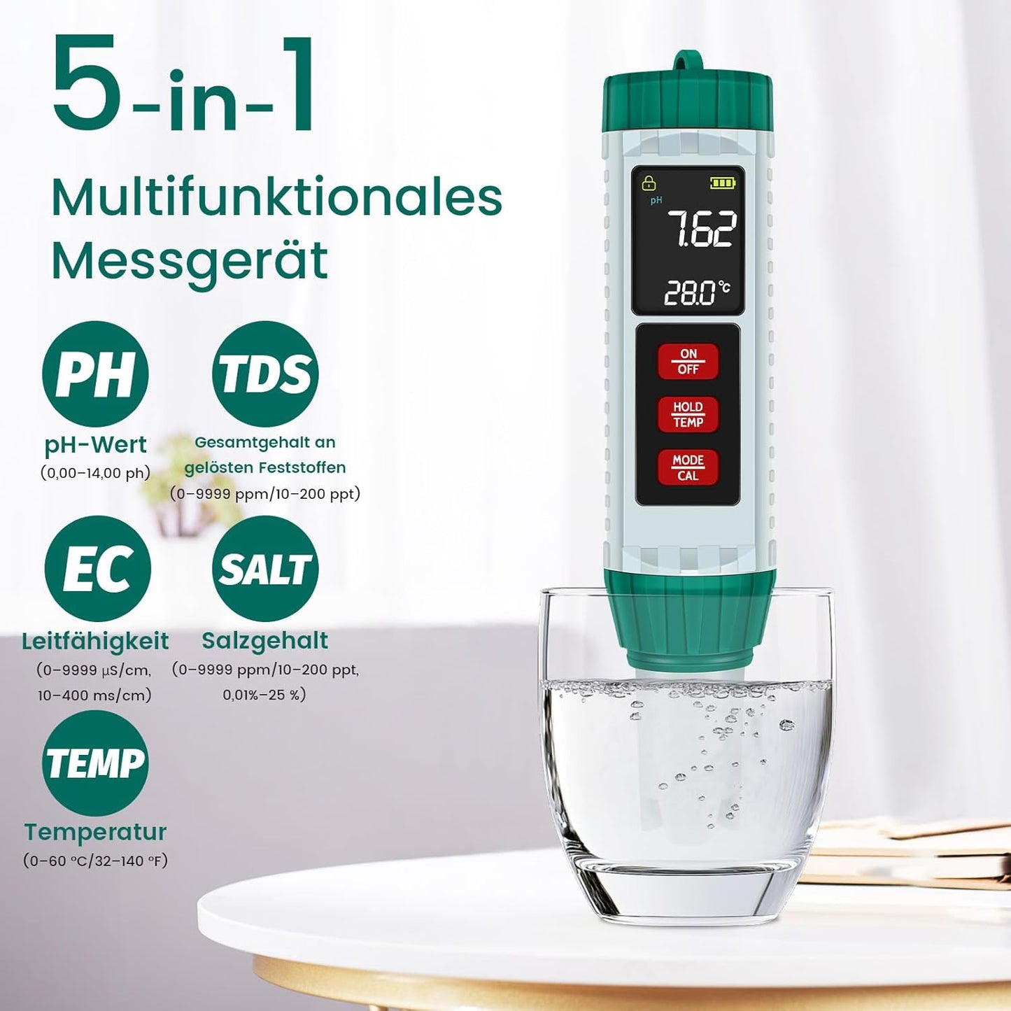 5-in-1 pH Messgerät mit LCD-Anzeige