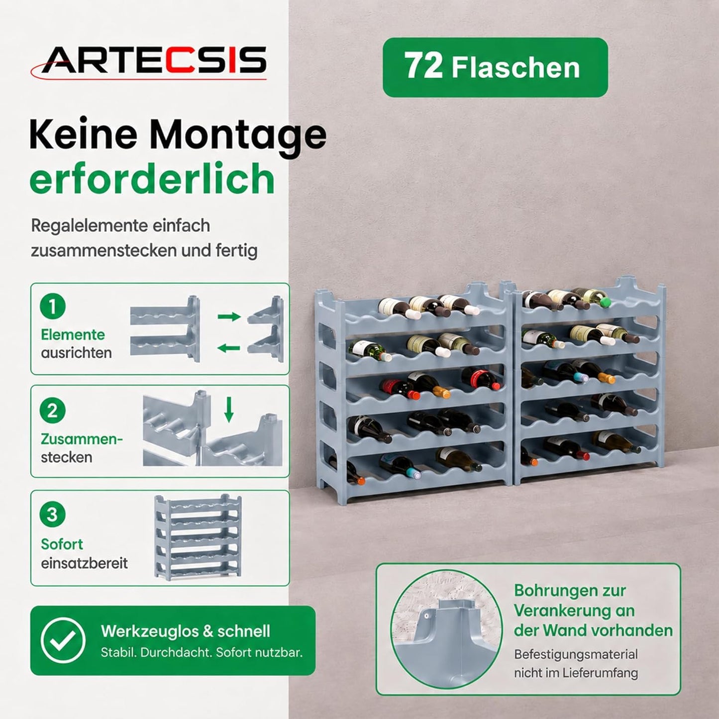 Stapelbares Weinregal, Betongrau 72 Flaschen