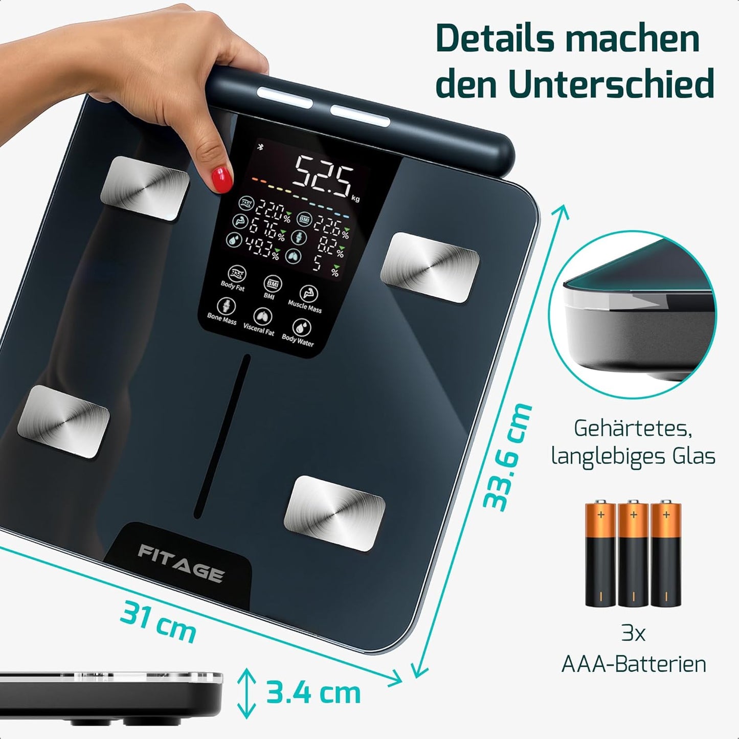 Körperanalysewaage mit App und Handsensoren, Handgriff