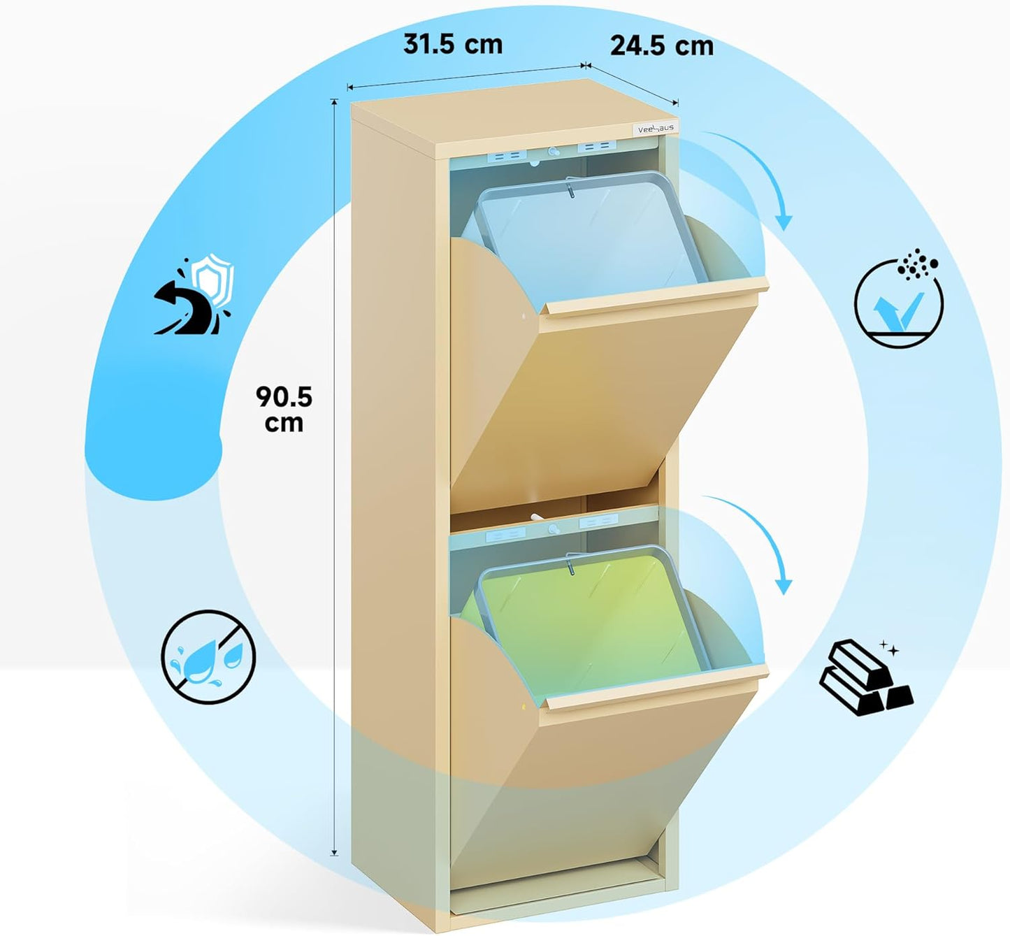 Küchenmülleimer mit Klappdeckel, 2x15L, 2 x 15 L Beige