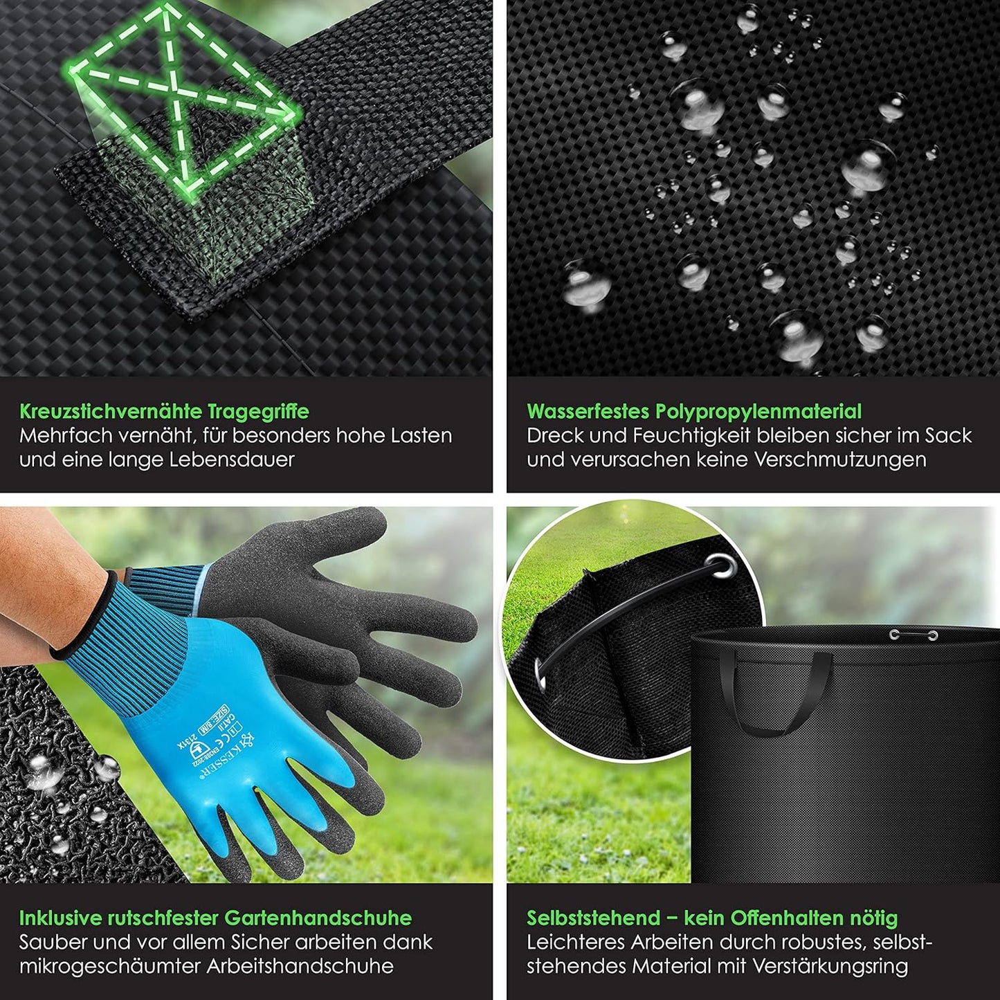3er-Set Gartensack mit Handschuhen, 272 l (3er Pack) Schwarz