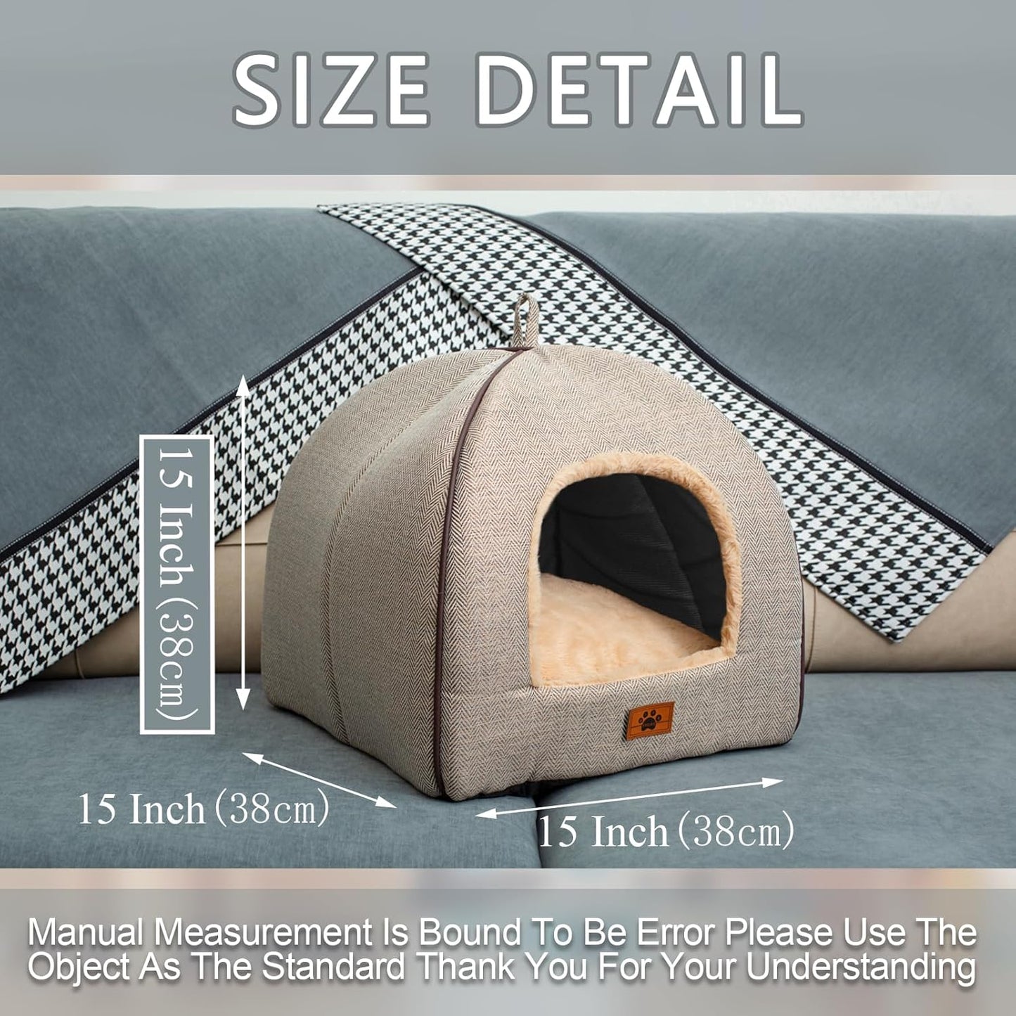 Faltbare Katzenbetthöhle mit waschbarem Kissen, M(15 x 15 x 15 Inch) Beige
