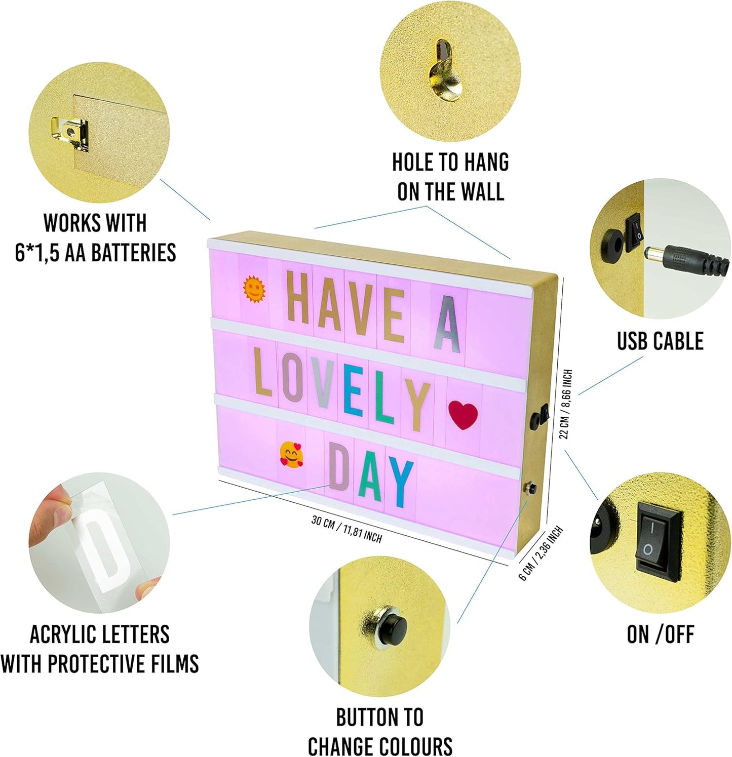 Light Box Shiny Gold A4 mit Buchstaben und Emojis, Gold