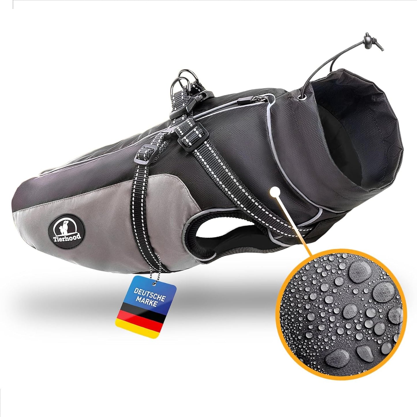 Wasserdichter Hunderegenmantel mit Geschirr, 3XS (Brustumf. 44-48cm) (Rückenl. 35-39cm)|Grau