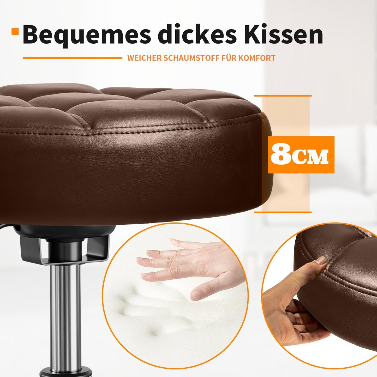 Höhenverstellbarer Rollhocker mit Rollen und Fussstütze, Braun1