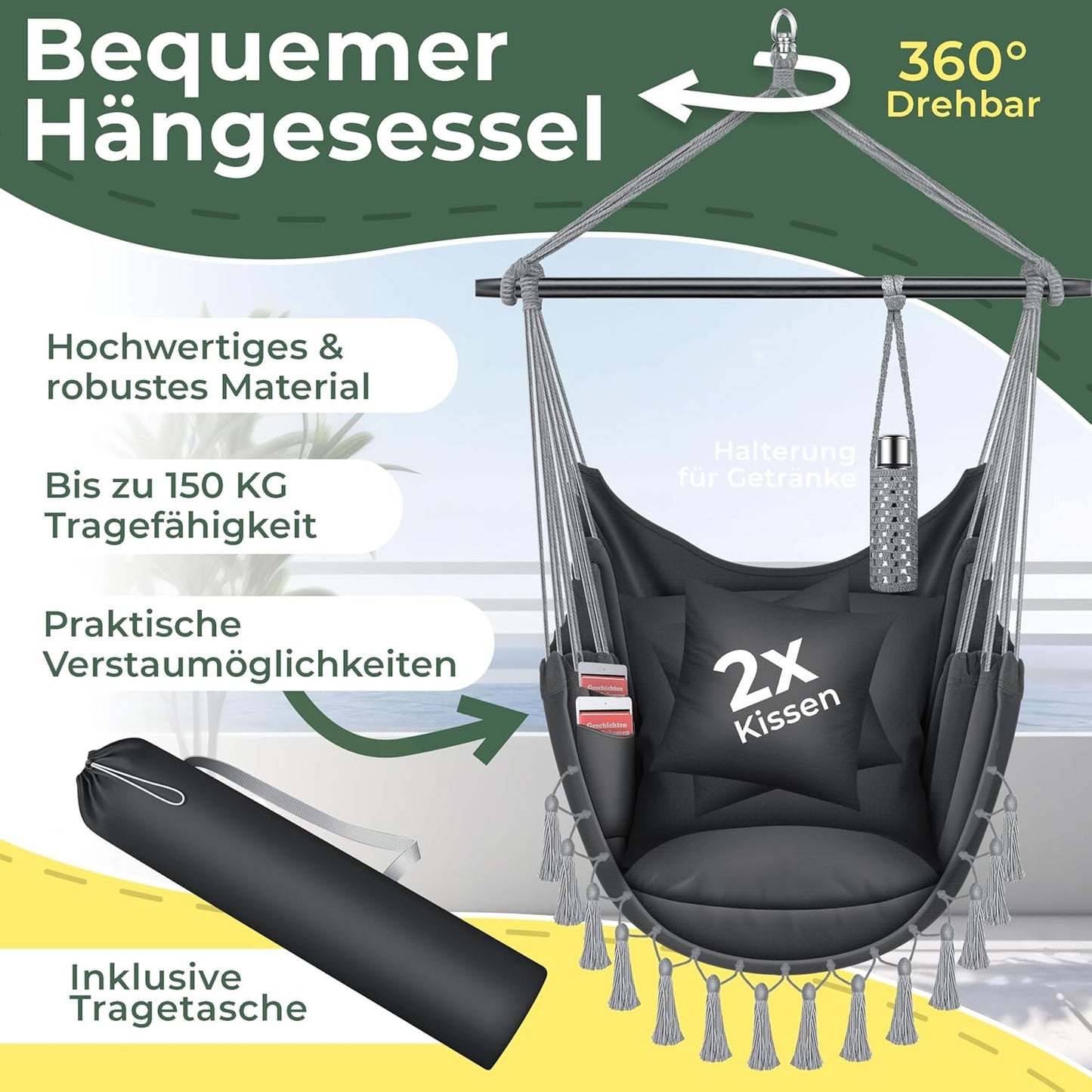 Hängesessel Safari XXL mit Zubehörset, Anthrazit