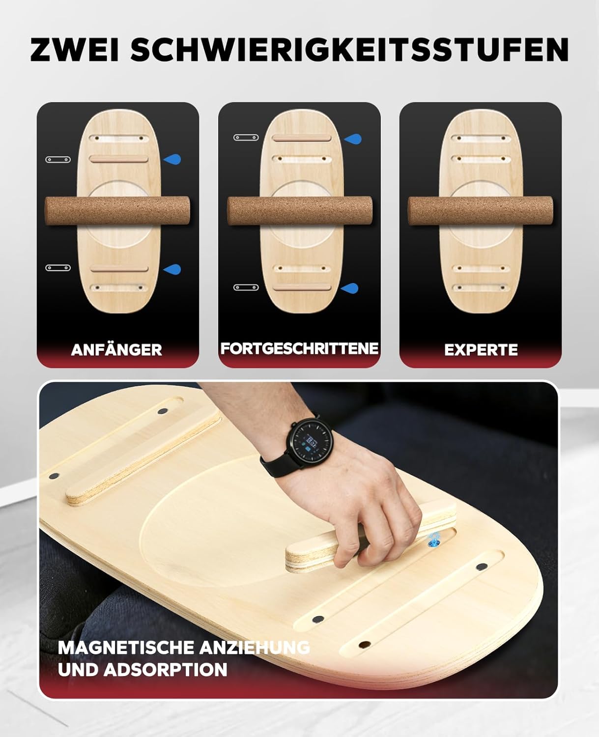 Labyrinth Balanceboard mit Korkrolle & Halbkugel, Schwarz / Holzfarben