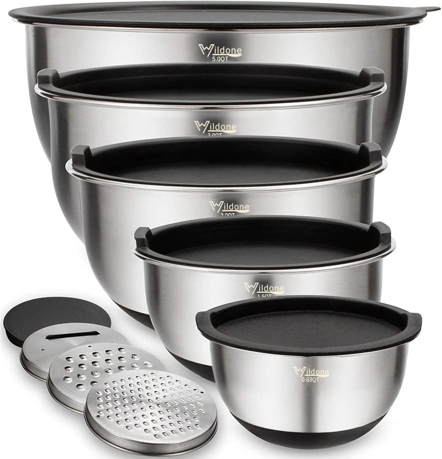 Edelstahl Rührschüssel-Set mit Deckeln & Reiben (5-teilig), 5pc+3graters