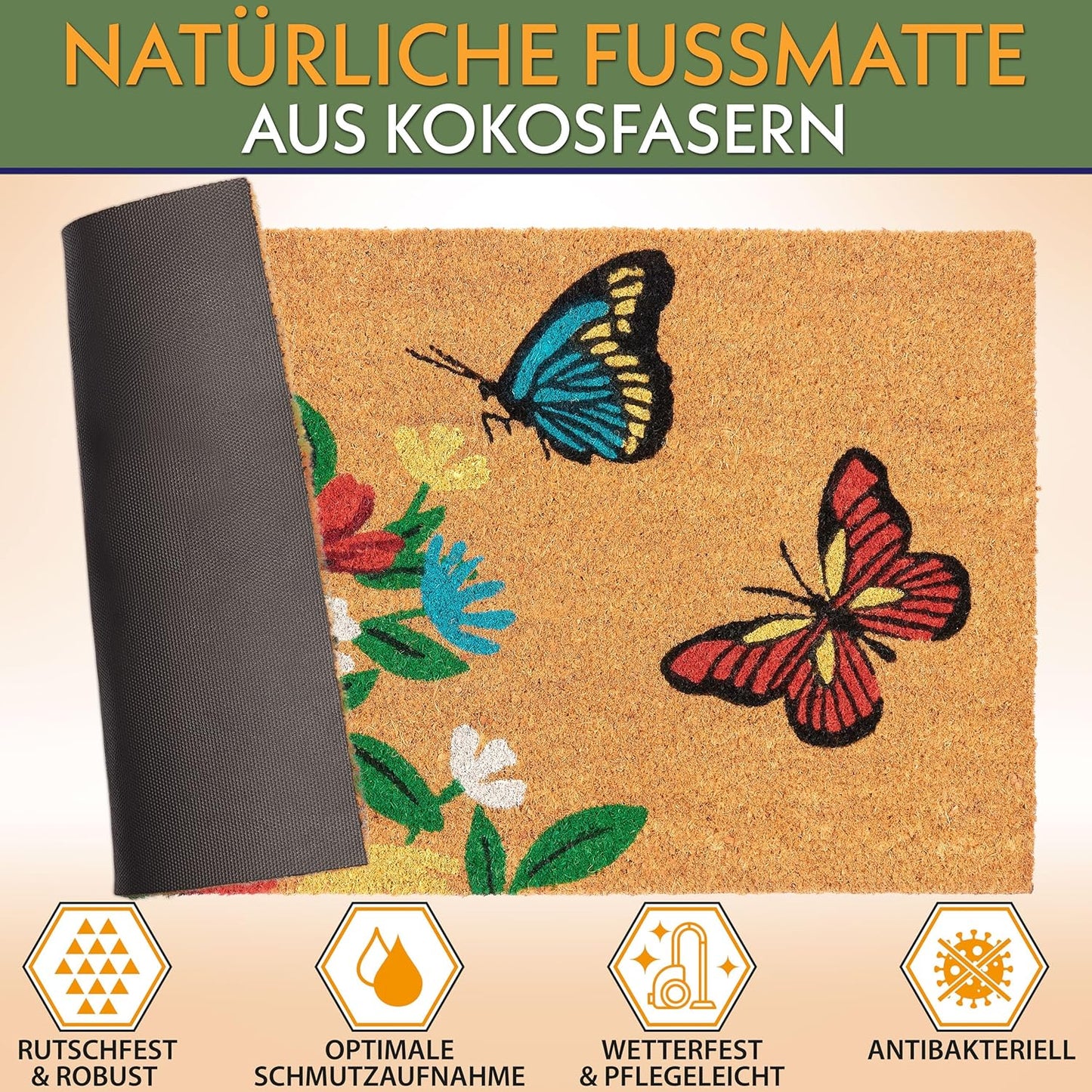 Antirutsch Fussmatte, Schmetterlinge und Blumen