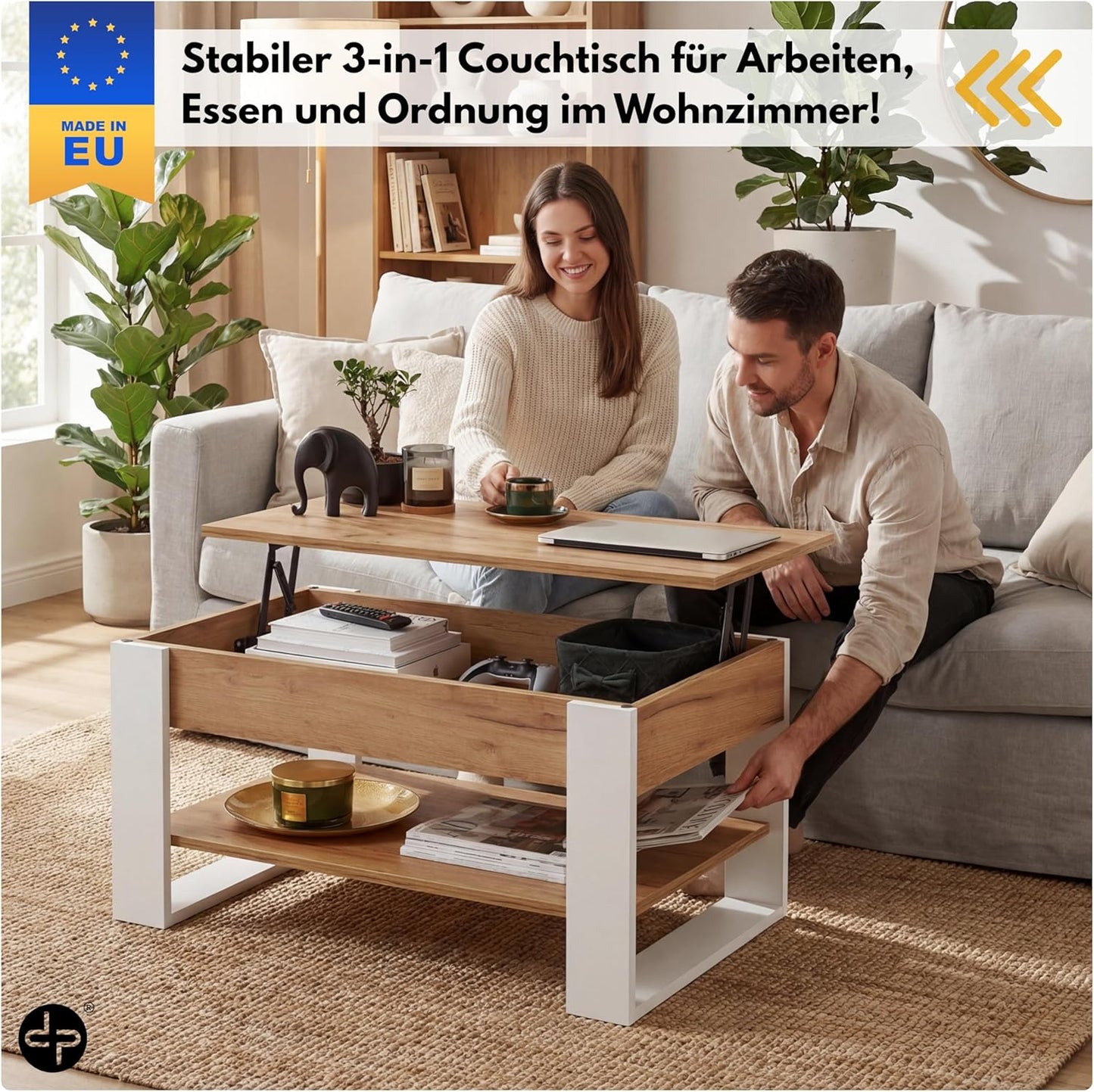Höhenverstellbarer Couchtisch mit Stauraum, Weiss + Eiche