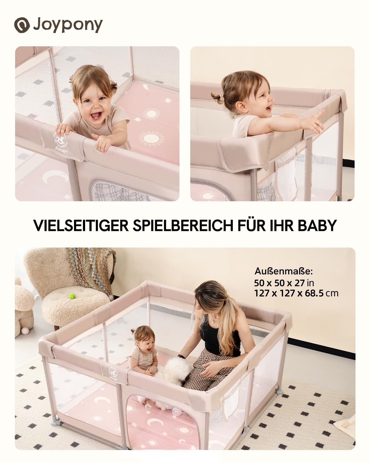 Baby Laufstall mit Matte, Beige wth Matte 127×127 CM