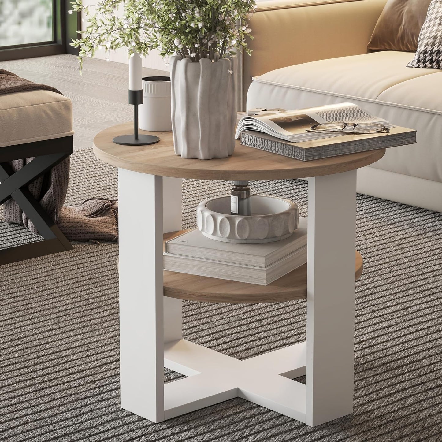 Runder Couchtisch mit Ablage, Weiß & Sonoma Eiche Durchmesser: 53CM