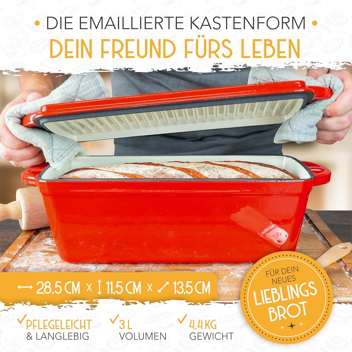 Brotbackform mit Gärkorb, Emaille Rot Kastenform