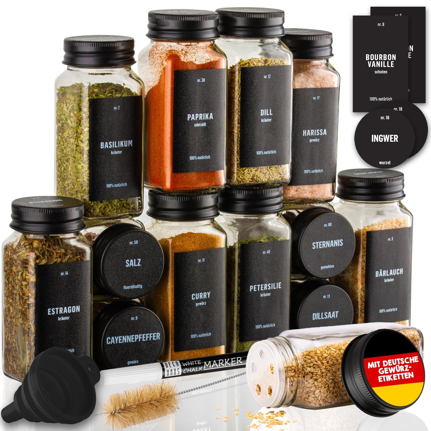 Gewürzgläser-Set mit Schraubkappe, 12 Stk., Deckel Alu, Schwarz
