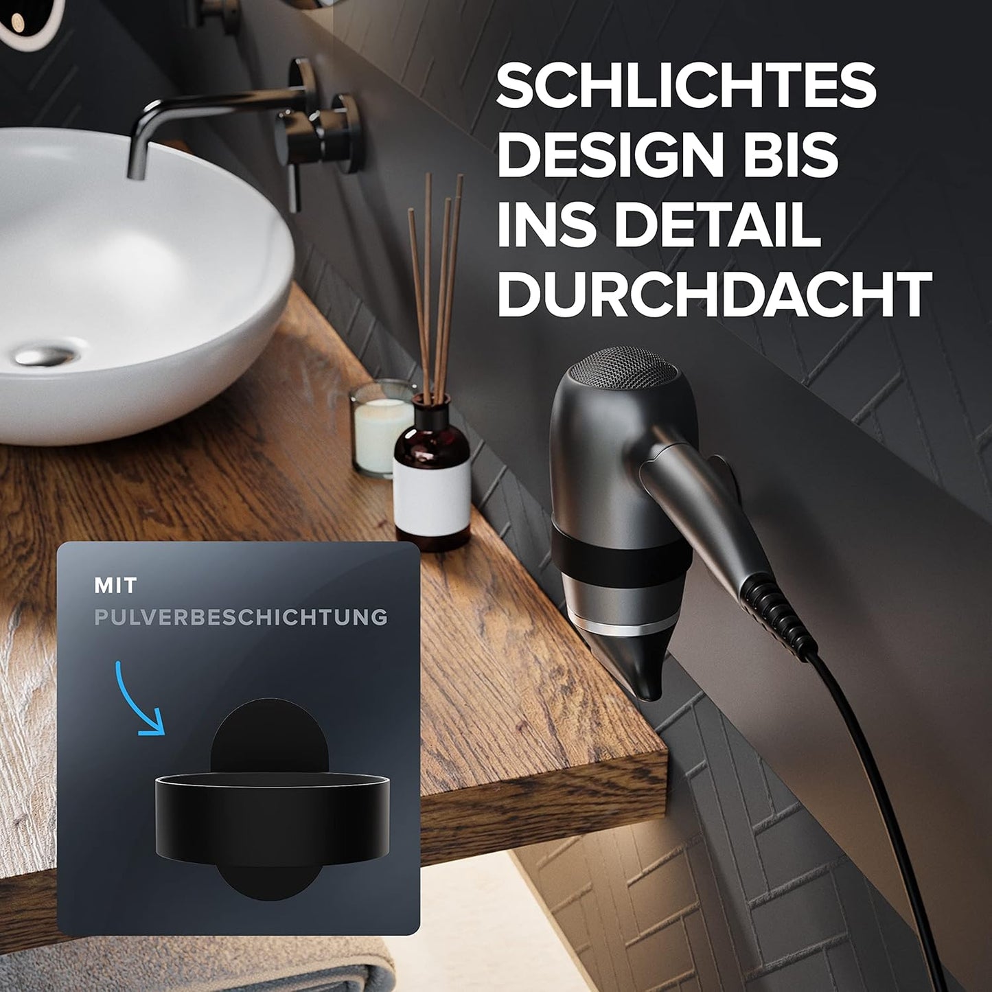 Haartrocknerhalter zur Wandmontage ohne Bohren, Schwarz Zum Kleben