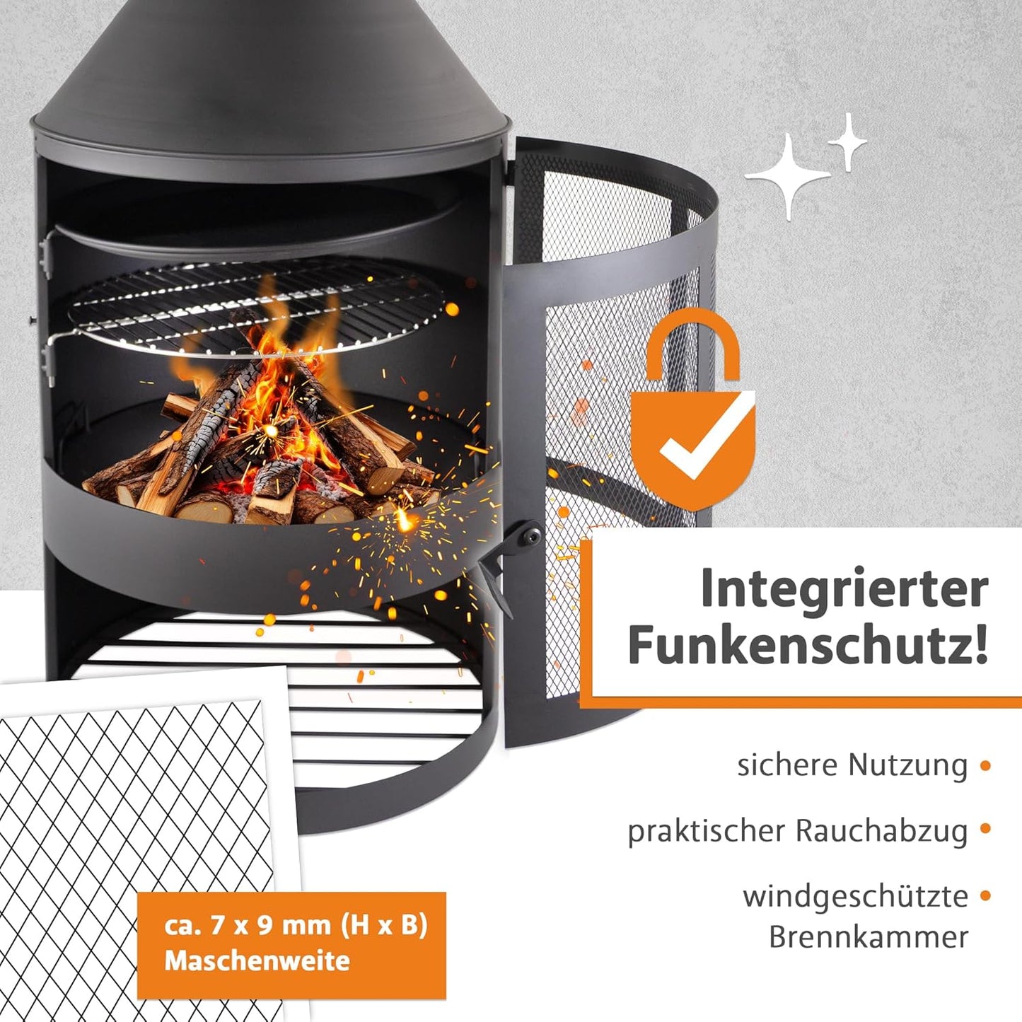 Gartenkamin mit Grillrost und Funkenschutztür