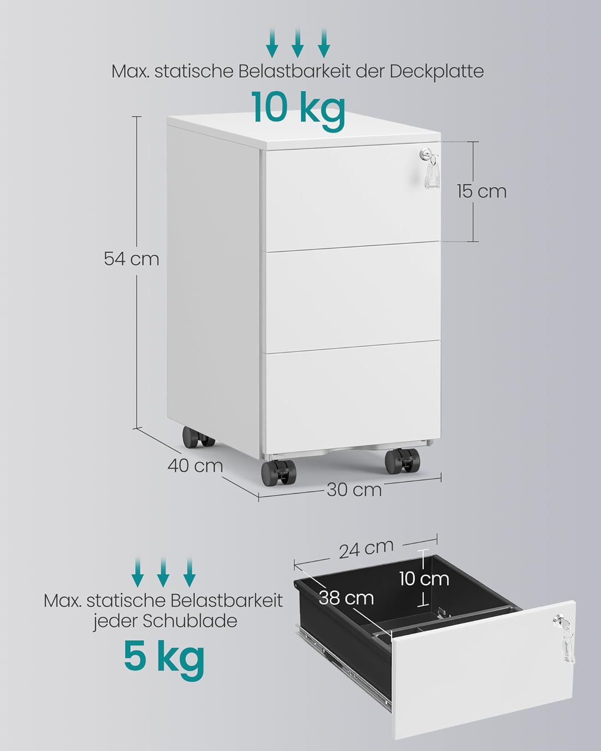 Mobiler Aktenschrank OFC079W01 mit 3 Schubladen, abschliessbar, 3 Ablagen (40T x 30B x 54H cm) Mattweiß