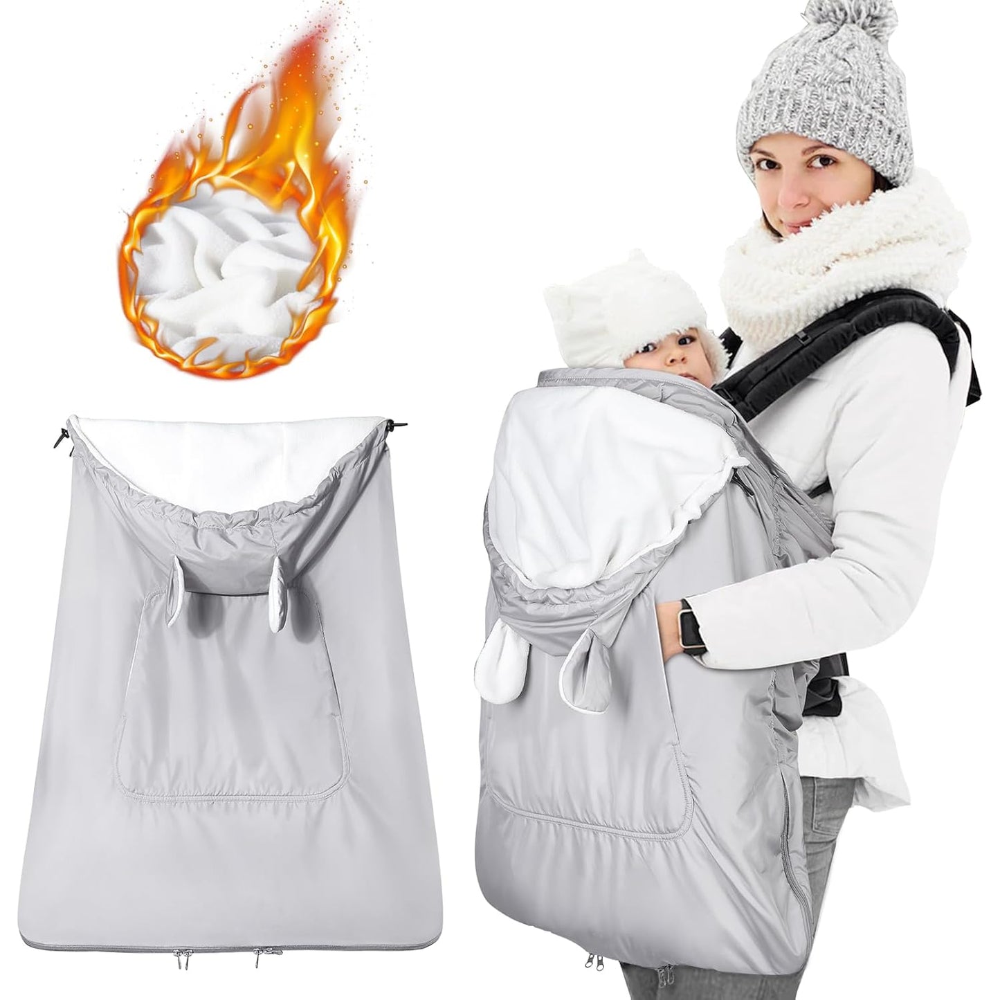 Universal Winter-Tragecover mit Regenschutz, Hellgrauer Bär Fleece-Futter
