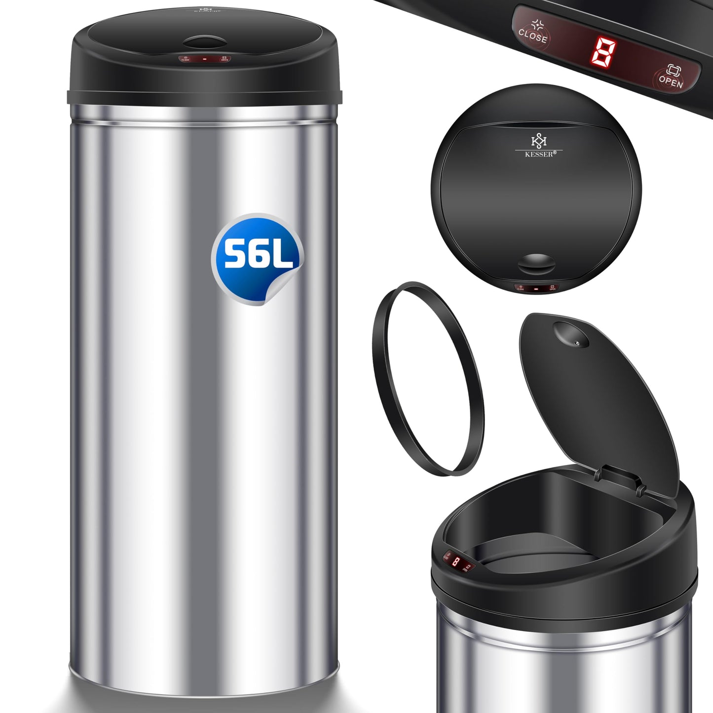 Sensor Abfalleimer mit Automatiköffnung, 56 Liter silber / schwarz