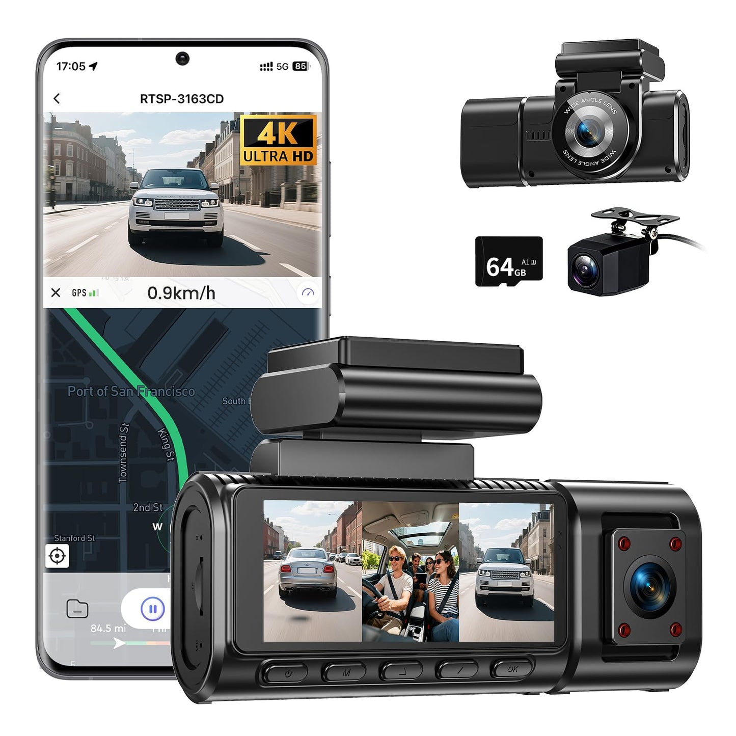 D5 4K Dashcam mit 3-Kanal-Aufnahme & GPS/WiFi, D5