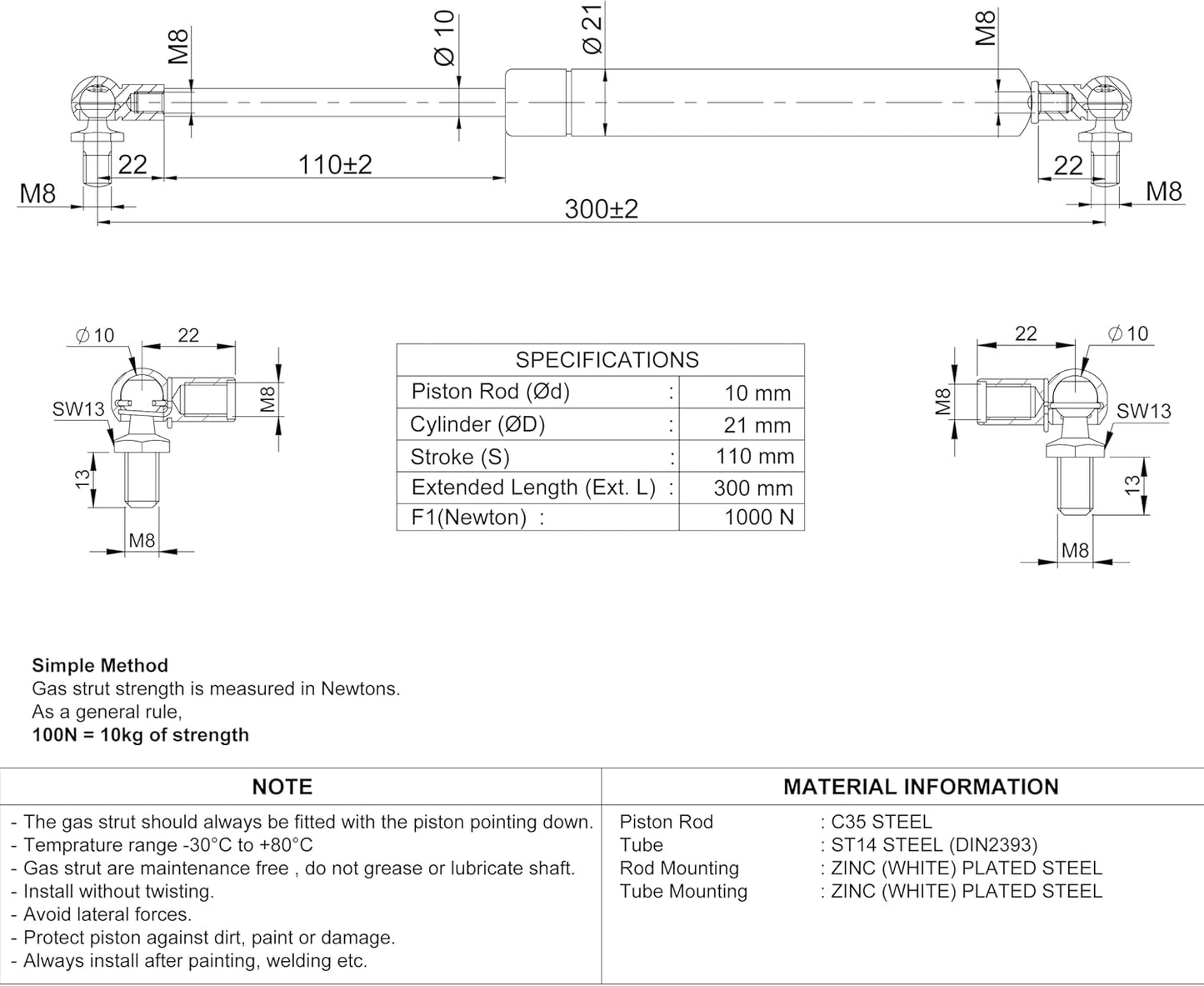 Gasdruckfeder für Türen und Autos (1000N, 300mm), 1000 Newton 300 mm