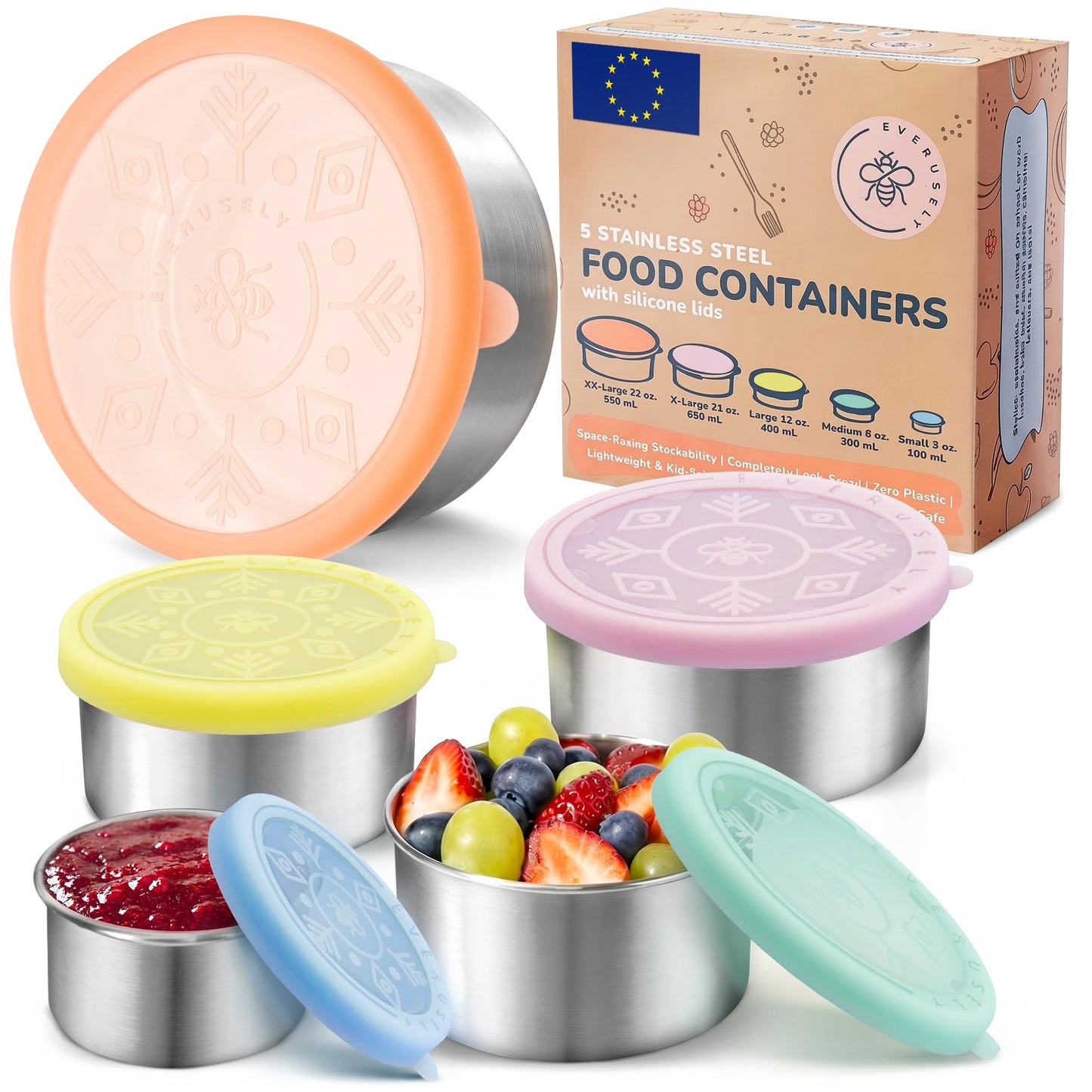 5er-Set Snackboxen mit Deckel, Blaubeere, Grüner Apfel, Zitrone, Pfirsich, Erdbeere