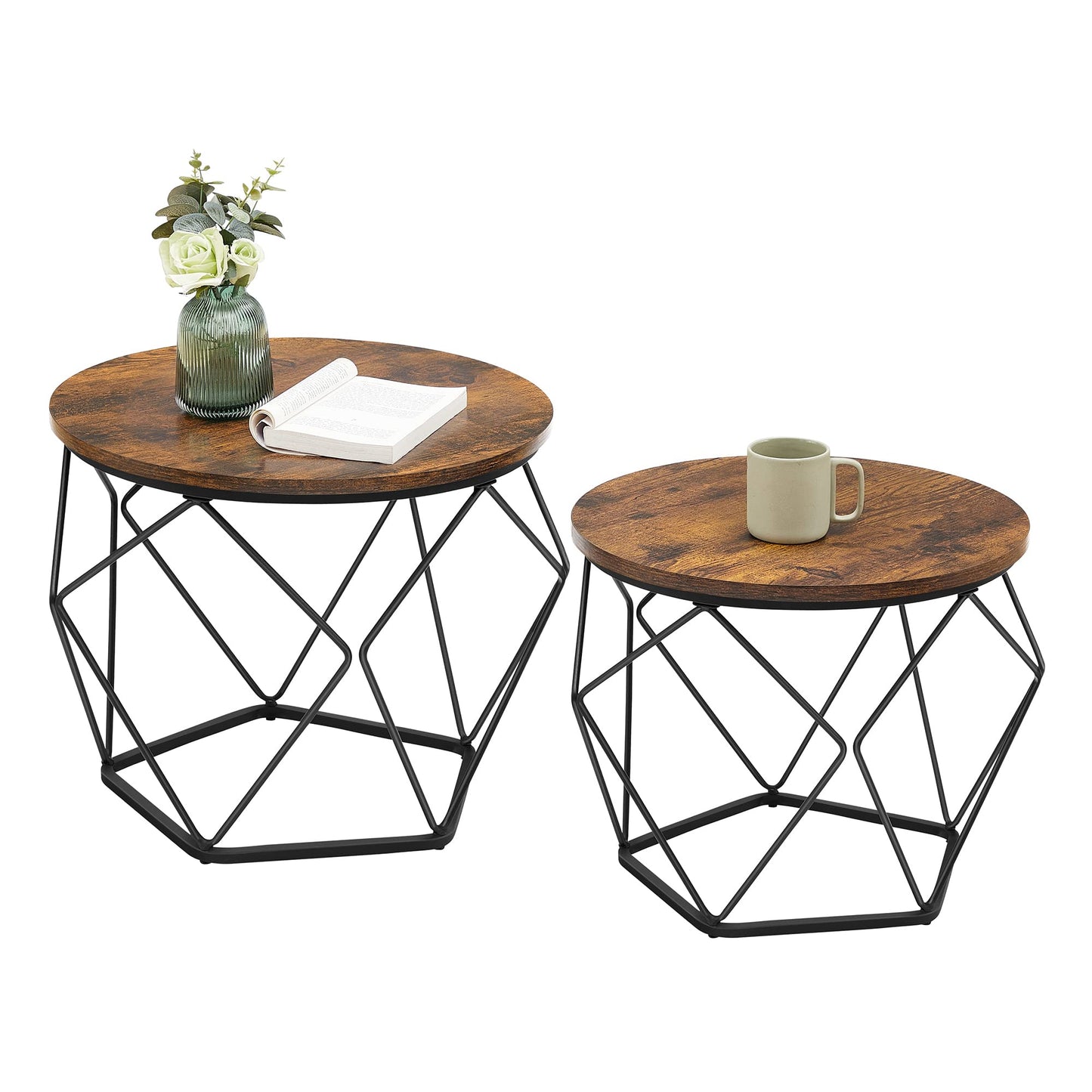 Runder Couchtisch im 2er Set, Vintage-Design, (60d x 45H) cm+(50d x 40H) cm Vintagebraun + Tintenschwarz