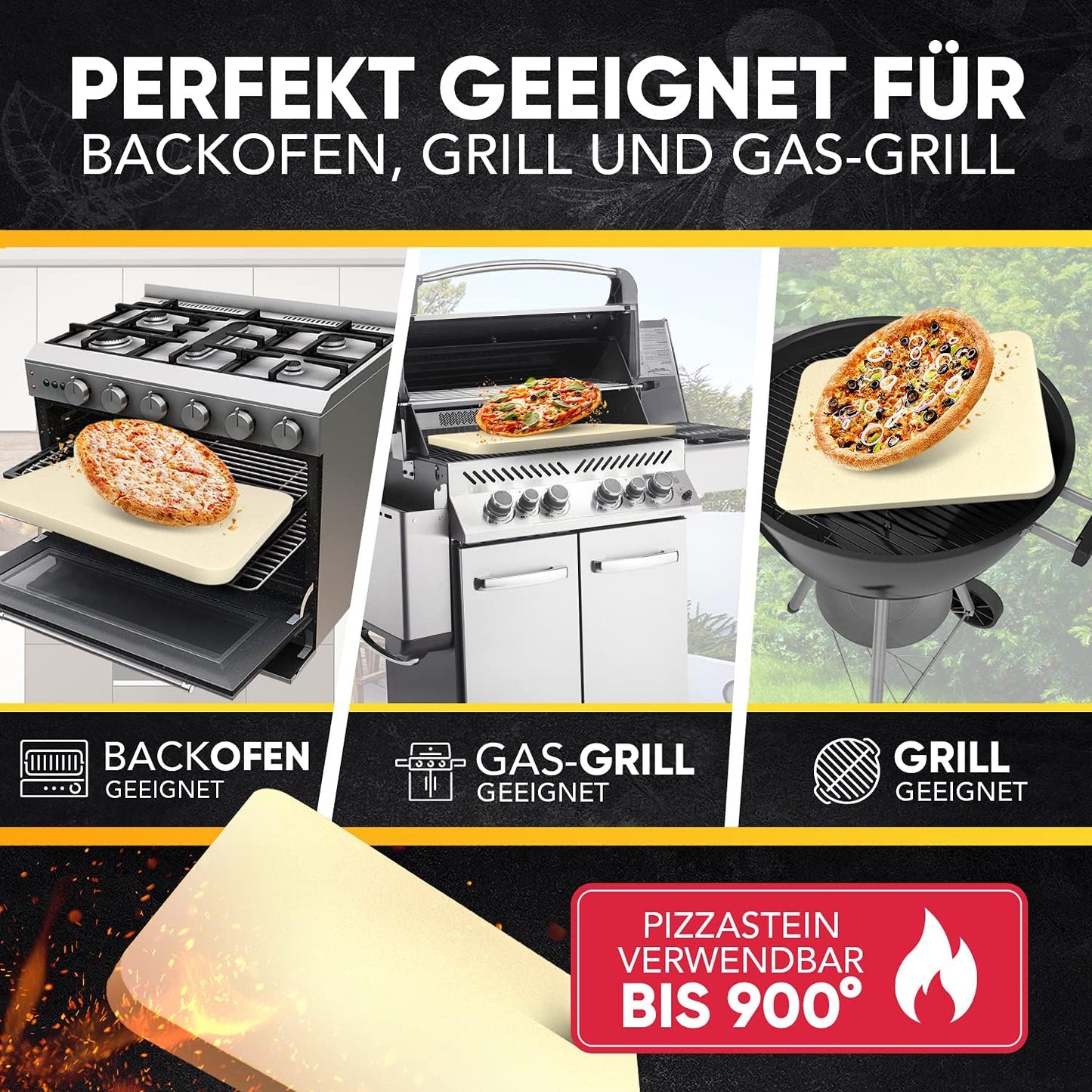 3-teiliges Pizzastein-Set für Ofen & Grill, 38 x 30 x 1.5 cm