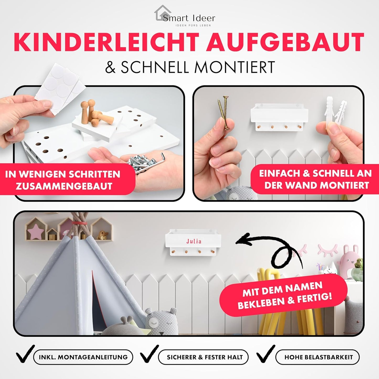 Kindergarderobe mit Holzablage und 4 Haken