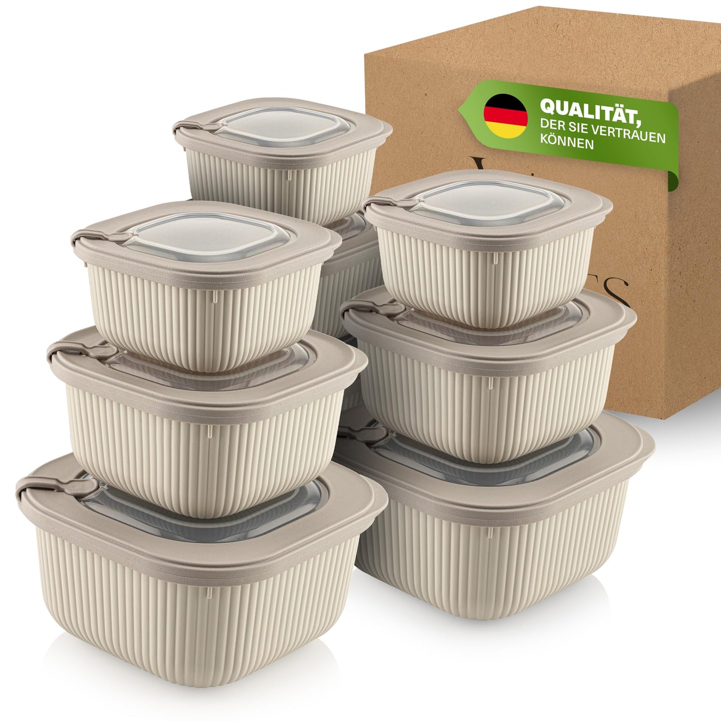 9-teiliges Frischhaltedosen-Set mit Ventildeckel, Beige 9er Set Quadratisch