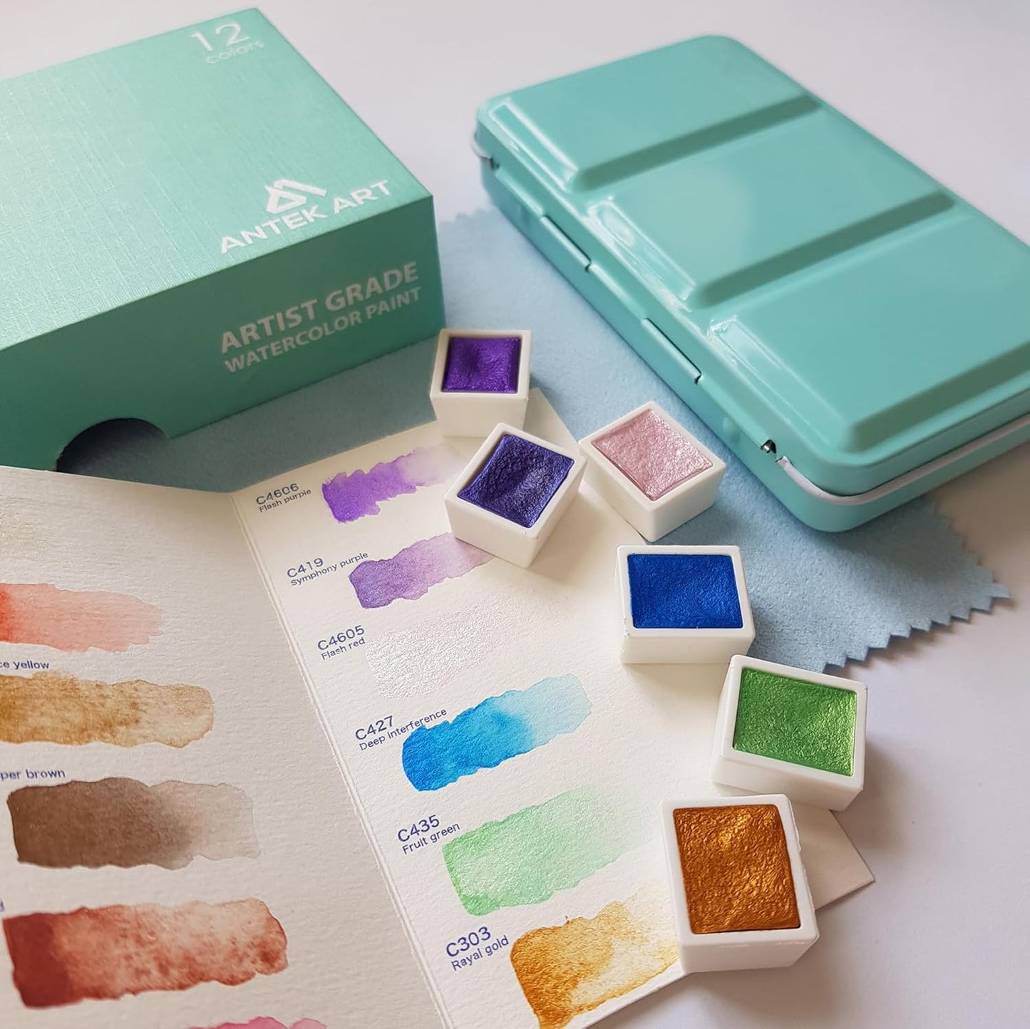 12-teiliges Aquarellfarben-Set im Metallkoffer, Metallic Glitzer, 12 Glitzerfarben