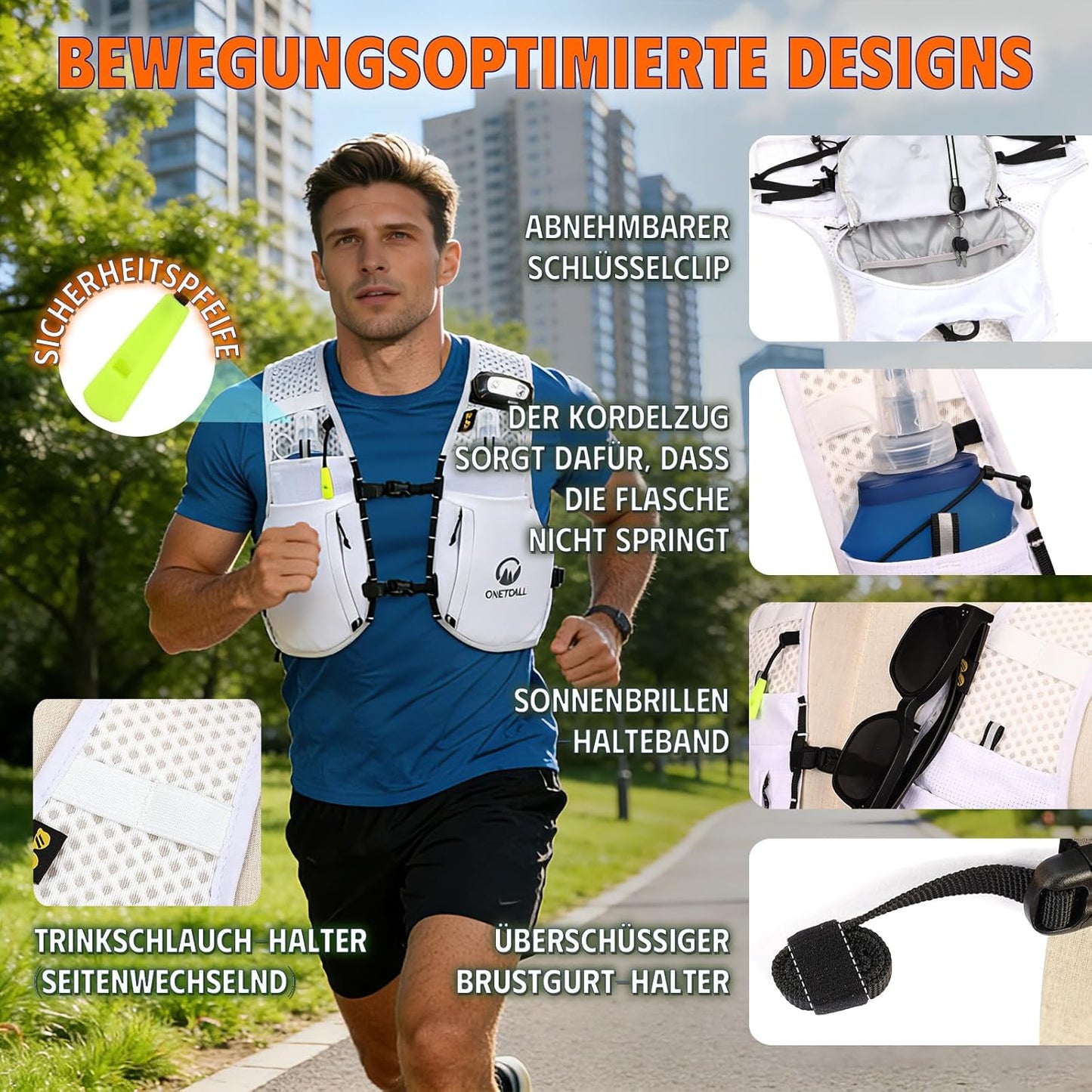 Trinkrucksack mit 2 faltbaren Trinkflaschen, weiss +2 Trinkflaschen