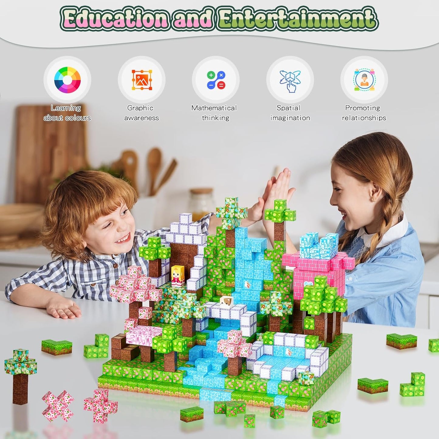 Magnetische Bausteine Blöcke-Set, Rosa + Grün