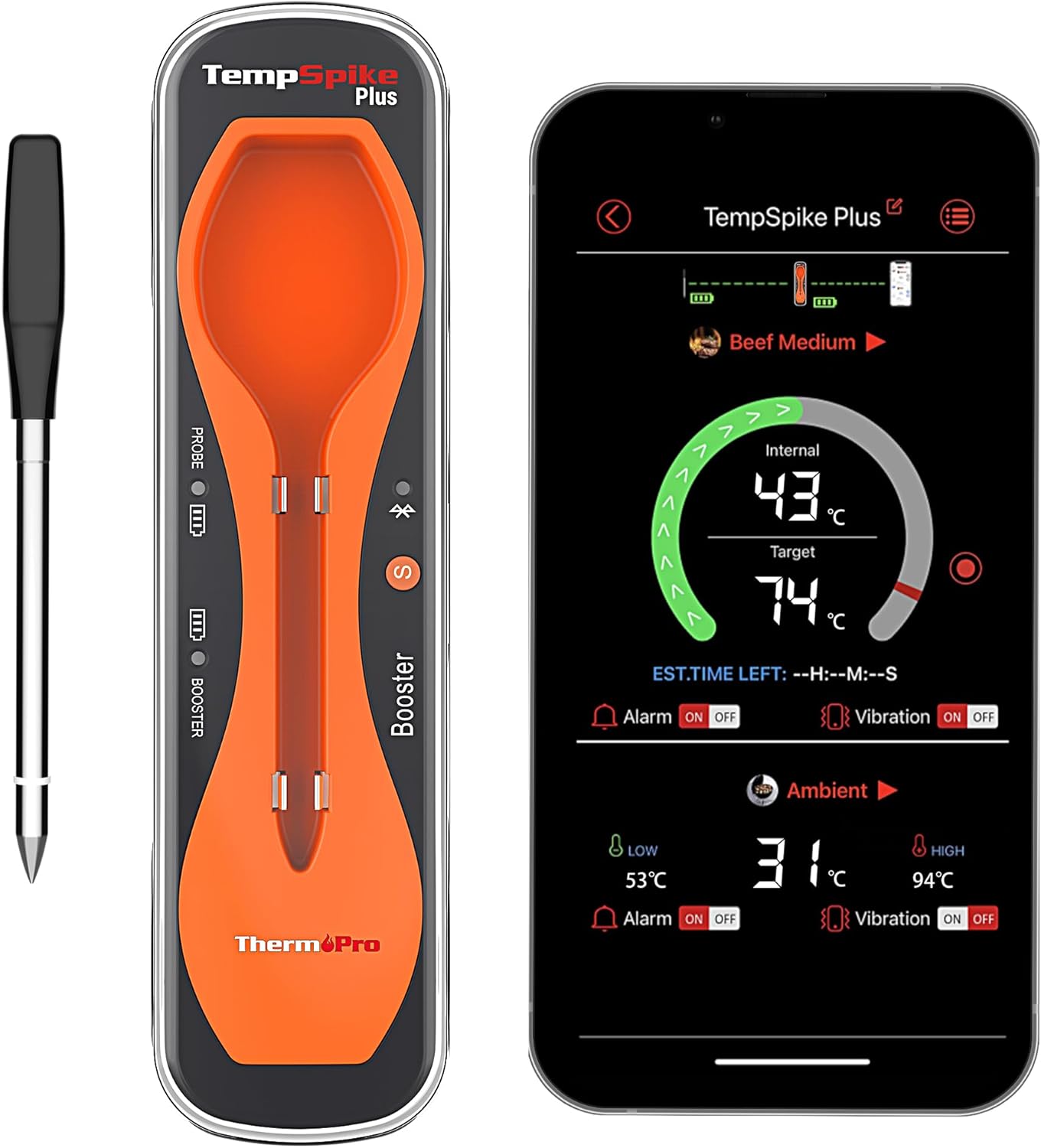 Kabelloses Fleischthermometer TempSpike Plus mit Bluetooth-App, Orange-180M-Dünne Sonde