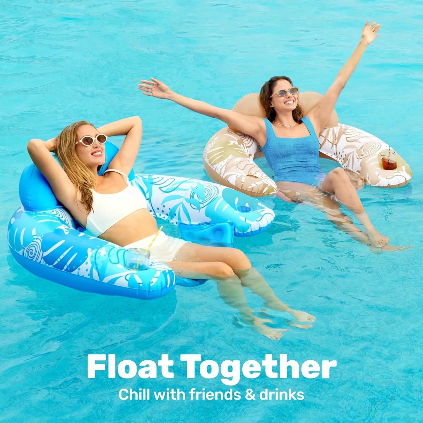 Aufblasbare Pool-Flösse mit Getränkehaltern, 2er-Set, Blau, Champagner