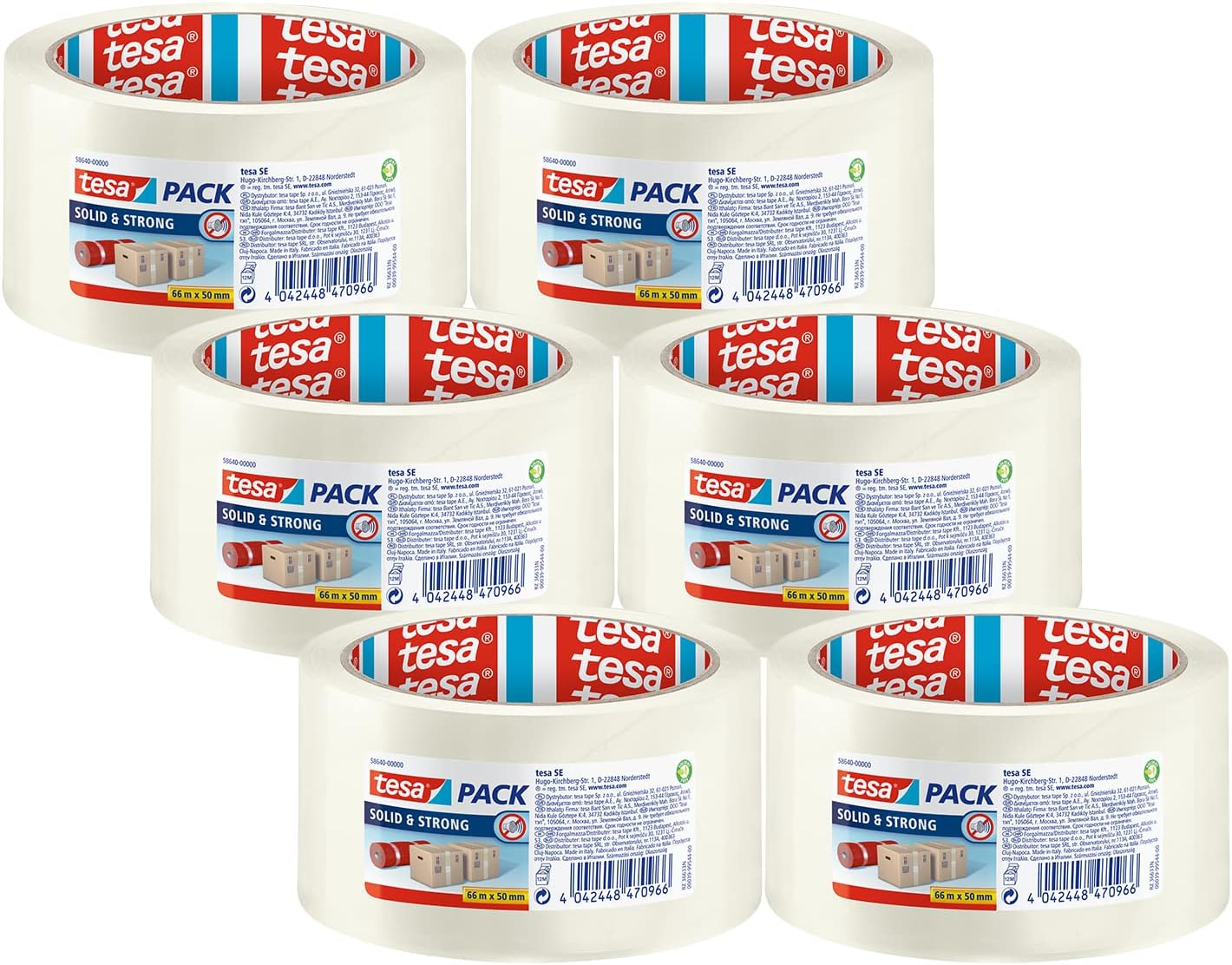 6x tesapack SOLID & STRONG Packband, 6 Rollen / 66m x 50mm / Transparent