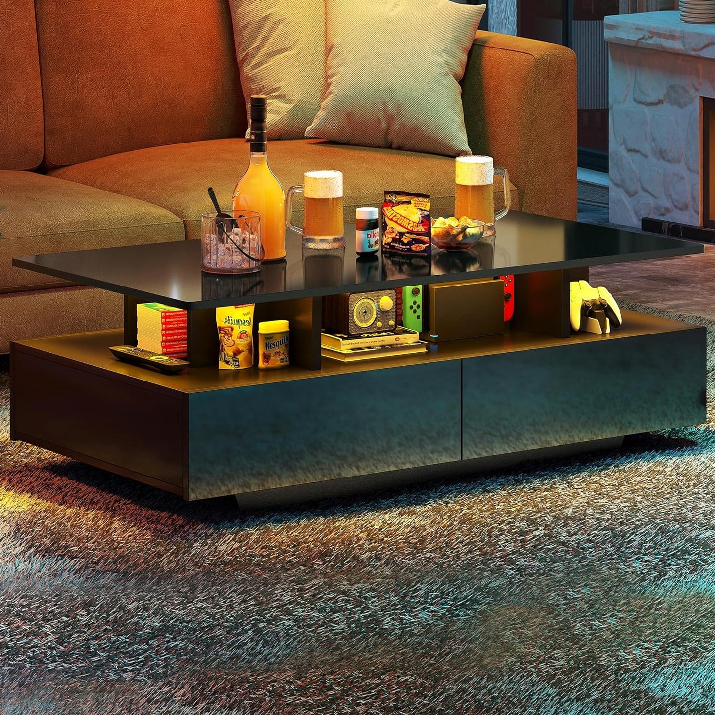 Moderner Couchtisch mit LED-Beleuchtung und Schubladen, Schwarz