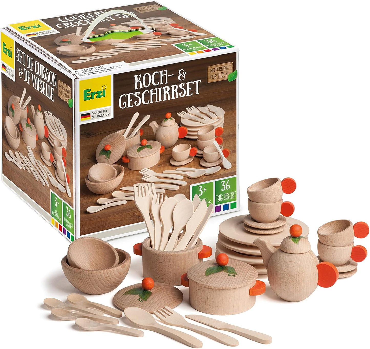 Koch- und Geschirrset aus Holz für Kinderküche